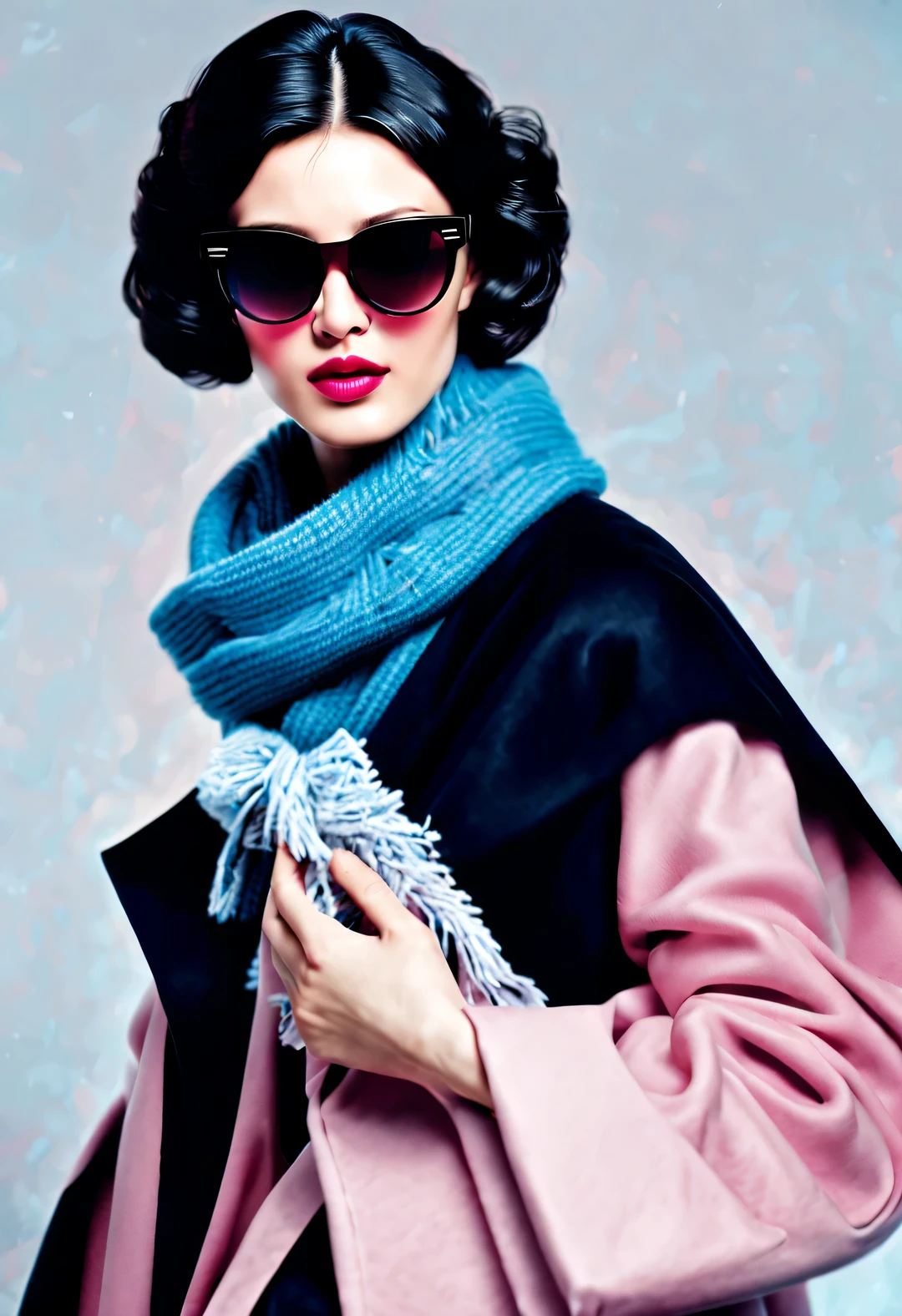 (Modern art fashion character design), Very unified CG, (Half-length close-up), falling snow background, snowfall,
(a beautiful chinese girl，With a gentle smile，Praying with hands together), (A very exaggerated one、A large royal blue woolen scarf covered half of her face: 1.1), (Wearing black sunglasses，Comb your hair in a bun: 1.2), Harmonious combination of classic and modern, (pink sweater and jacket: 1.1), Girl fair and flawless smooth skin, high nose bridge, Head up posture, sad yet beautiful, slender figure, Exquisite facial features, swirling fog illustration, ink painting, black hair, meatball, Proud, Surrealism, contemporary art photography, action painting illustration, abstract expressionism, Pixar, depth of field, motion blur, backlight, radiation, decline, Head up angle, Sony FE General Manager, ultra high definition, masterpiece, accurate, textured skin, Super details, high detail, high quality, Award-winning, best quality, Level, 16k, Photographed from a bottom-up perspective, interesting,