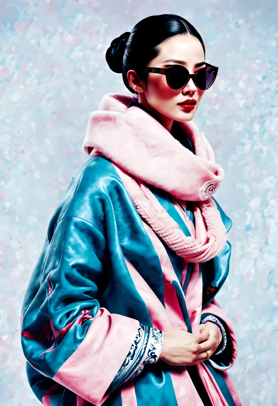 (Modern art fashion character design), Very unified CG, (Half-length close-up), falling snow background, snowfall,
(a beautiful chinese girl,With a gentle smile,Praying with hands together), (A very exaggerated one、A large royal blue woolen scarf covered half of her face: 1.1), (Wearing black sunglasses,Comb your hair in a bun: 1.2), Harmonious combination of classic and modern, (pink sweater and jacket: 1.1), Girl fair and flawless smooth skin, high nose bridge, Head up posture, sad yet beautiful, slender figure, Exquisite facial features, swirling fog illustration, ink painting, black hair, meatball, Proud, Surrealism, contemporary art photography, action painting illustration, abstract expressionism, Pixar, depth of field, motion blur, backlight, radiation, decline, Head up angle, Sony FE General Manager, ultra high definition, masterpiece, accurate, textured skin, Super details, high detail, high quality, Award-winning, best quality, Level, 16k, Photographed from a bottom-up perspective, interesting,
