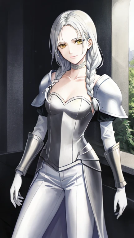 (masterpiece,best quality:1.5),claymore (series),ophelia \(claymore\),1girl,Solo,fantasy,pale white skin,silver hair,show the forehead ,slicked back hair,hair pulled back,single braid,very long and large braid,yellow eyes,white bodysuit,white gloves,collarbone,silver pauldrons,evil smile,in the dark night lakeside,no moon