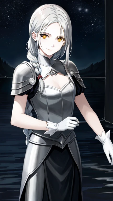 (masterpiece,best quality:1.5),claymore (series),ophelia \(claymore\),1girl,Solo,fantasy,pale white skin,silver hair,show the forehead ,slicked back hair,hair pulled back,single braid,very long and large braid,yellow eyes,white bodysuit,white gloves,collarbone,silver pauldrons,evil smile,in the dark night lakeside,no moon