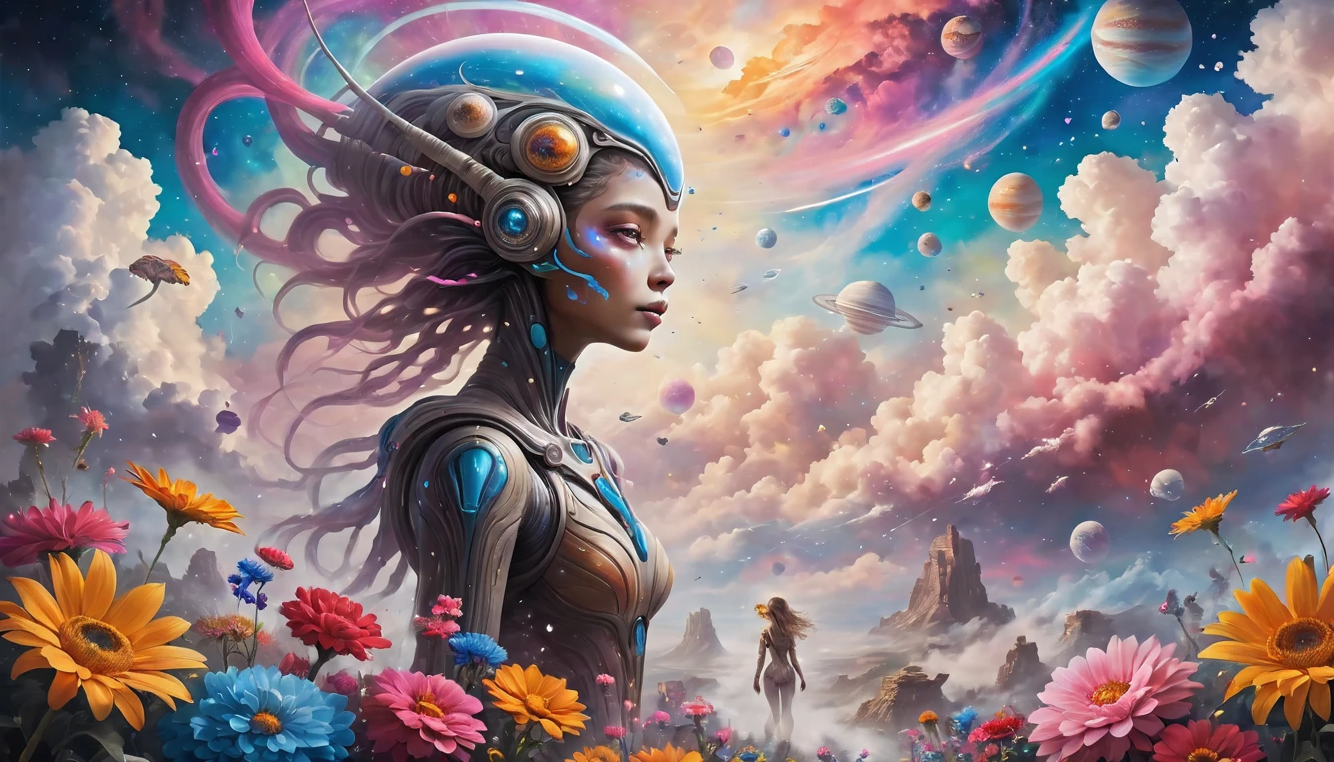 "((Galactic)) scene portraying an alien girl surrounded by a symphony of clouds, splashes of vivid colors, and delicate flowers, an imaginative composition that sparks the viewer's curiosity"