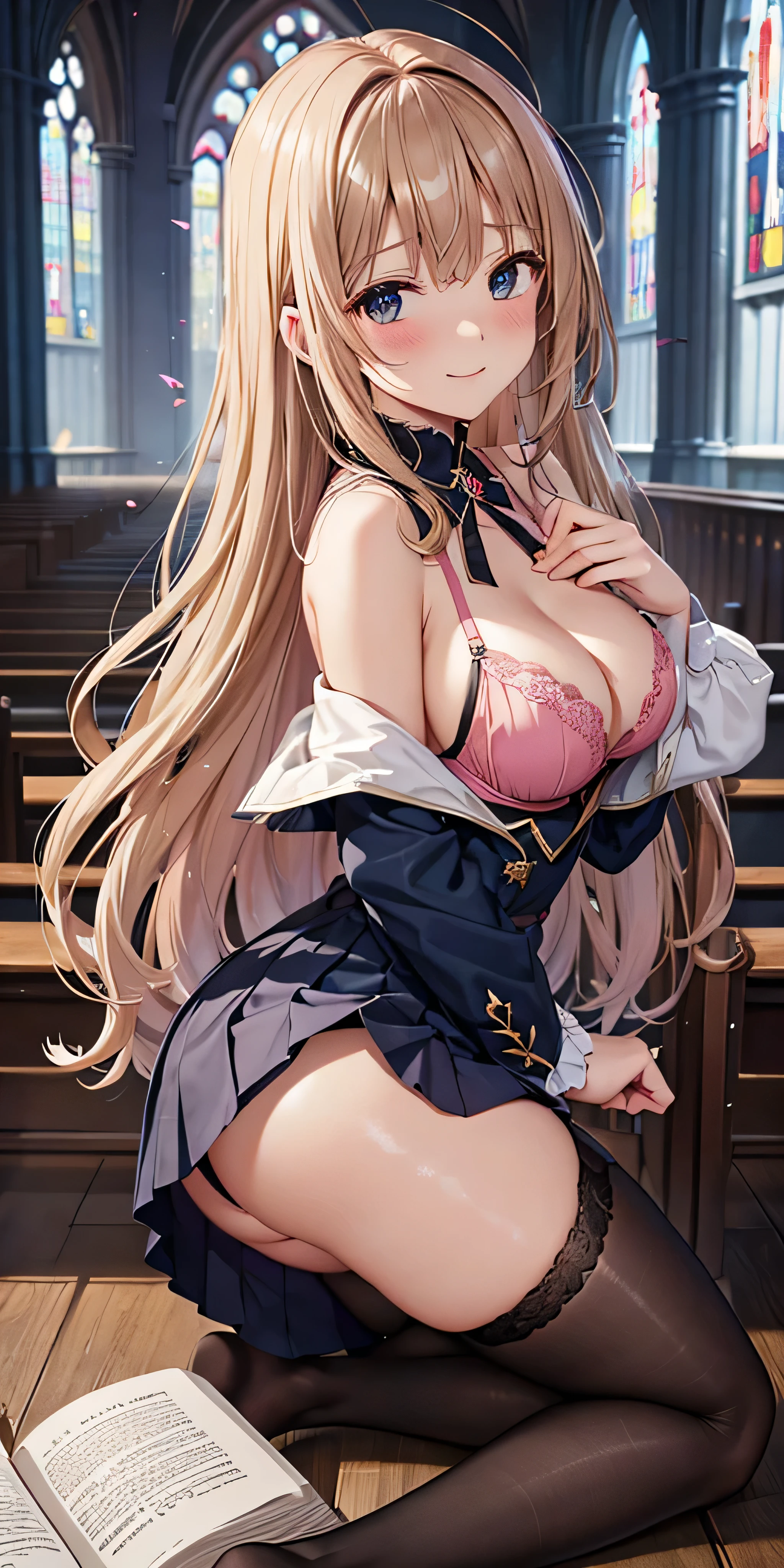 debris flies, highest quality, Highly detailed CG Unity 8K wallpaper, sexy witch , long dark blonde wavy hair、off shoulder knit, dark blue pleated skirt, stockings、medium breasts, saggy breasts, Pose that emphasizes the chest, blush, shy smile, bare shoulders, (pink lace panties、pink good、open your legs wide)、、nice magic book、Cathedral of the Church、Put your hand on the pillar and turn around、stick out your butt、、