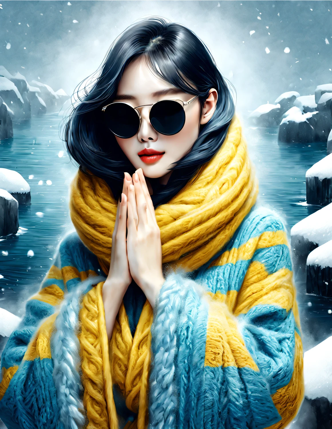 (Modern art fashion character design), Very unified CG, (Half-length close-up), falling snow background, snowfall,
(a beautiful chinese girl，With a gentle smile，Praying with hands together), (The exaggeratedly large navy blue wool scarf covered half of her face: 1.1), (Sophisticated yellow sweater and coat: 1.1), (wearing black sunglasses and combing meatball: 1.2), Harmonious combination of classic and modern, Girl fair and flawless smooth skin, high nose bridge, Raised pose, sad yet beautiful, slender figure, Exquisite facial features, swirling fog illustration, ink painting, black hair, meatball, Proud, Surrealism, contemporary art photography, action painting illustration, abstract expressionism, Pixar, depth of field, motion blur, backlight, radiation, decline, Head up angle, Sony FE General Manager, ultra high definition, masterpiece, accurate, textured skin, Super details, high detail, high quality, Award-winning, best quality, Level, 16k, Photographed from a bottom-up perspective, interesting,