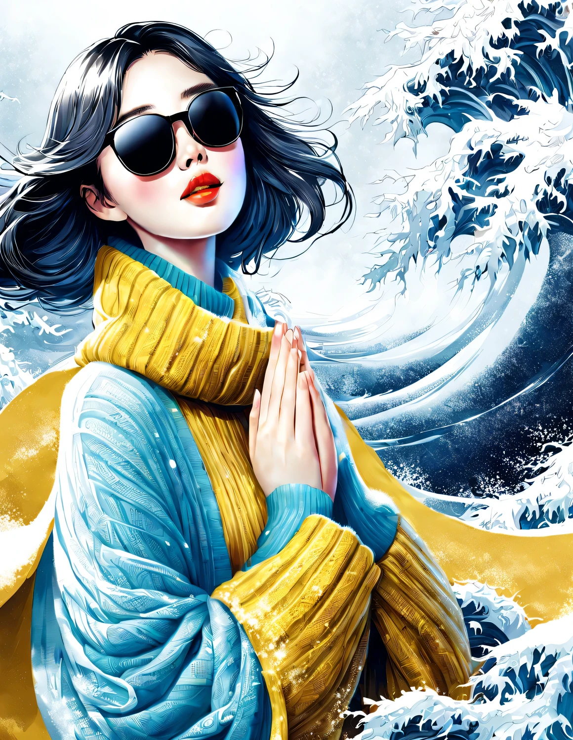 (Modern art fashion character design), Very unified CG, (Half-length close-up), falling snow background, snowfall,
(a beautiful chinese girl，With a gentle smile，Praying with hands together), (The exaggeratedly large navy blue wool scarf covered half of her face: 1.1), (Sophisticated yellow sweater and coat: 1.1), (wearing black sunglasses and combing meatball: 1.2), Harmonious combination of classic and modern, Girl fair and flawless smooth skin, high nose bridge, Raised pose, sad yet beautiful, slender figure, Exquisite facial features, swirling fog illustration, ink painting, black hair, meatball, Proud, Surrealism, contemporary art photography, action painting illustration, abstract expressionism, Pixar, depth of field, motion blur, backlight, radiation, decline, Head up angle, Sony FE General Manager, ultra high definition, masterpiece, accurate, textured skin, Super details, high detail, high quality, Award-winning, best quality, Level, 16k, Photographed from a bottom-up perspective, interesting,