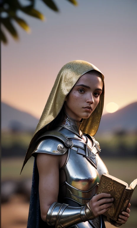 (obra de arte), (extremamente complexo:1.3), (realista), retrato de uma menina, o mais bonito do mundo, (armadura medieval), metallic reflections, tronco, ao ar livre, luz solar intensa, castelo distante, fotografia profissional de uma mulher deslumbrante detalhada, sharp focus, dramatic, premiado, cinematic lighting, Octane render Unreal Engine,  volumetric dtx, (Film grain, fundo desfocado, blurry foreground, Bokeh, profundidade de campo, sunset, desfoque de movimento:1.3), cota de malha