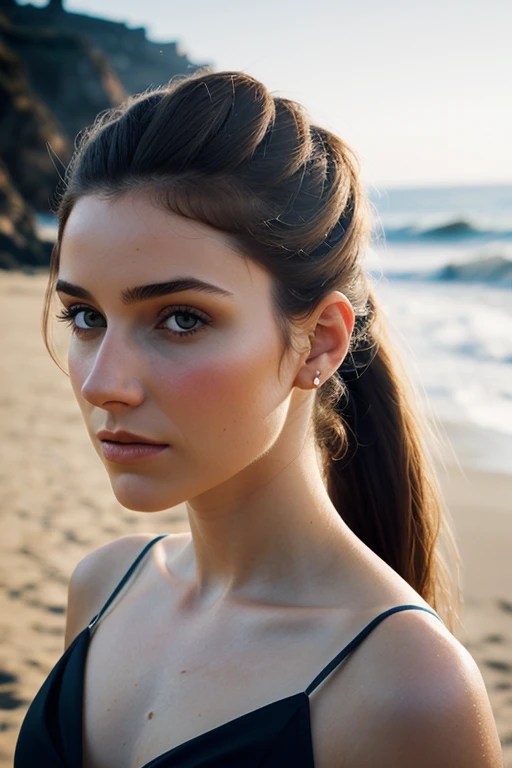 Obra maestra, La mejor calidad, Hiperrealista, cinematric photo, 20 years girl, Pale skin, Amazing Russian Hourglass Body, bikini, Ponytail brown hair, Grande, (Fondo de playa), Estilo moderno, (8k, epic composition, fotorrealista, sharp focus), Fondo sofisticado, DSLR, grano de aluminio, Luz de fondo, horizontal