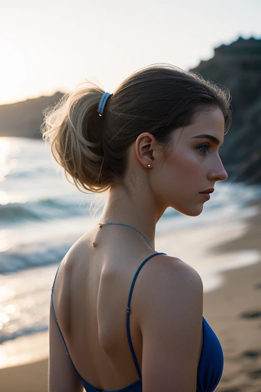 Obra maestra, La mejor calidad, Hiperrealista, cinematric photo, 20 years girl, Pale skin, Amazing Russian Hourglass Body, bikini, Ponytail brown hair, Grande, (Fondo de playa), Estilo moderno, (8k, epic composition, fotorrealista, sharp focus), Fondo sofisticado, DSLR, grano de aluminio, Luz de fondo, horizontal
