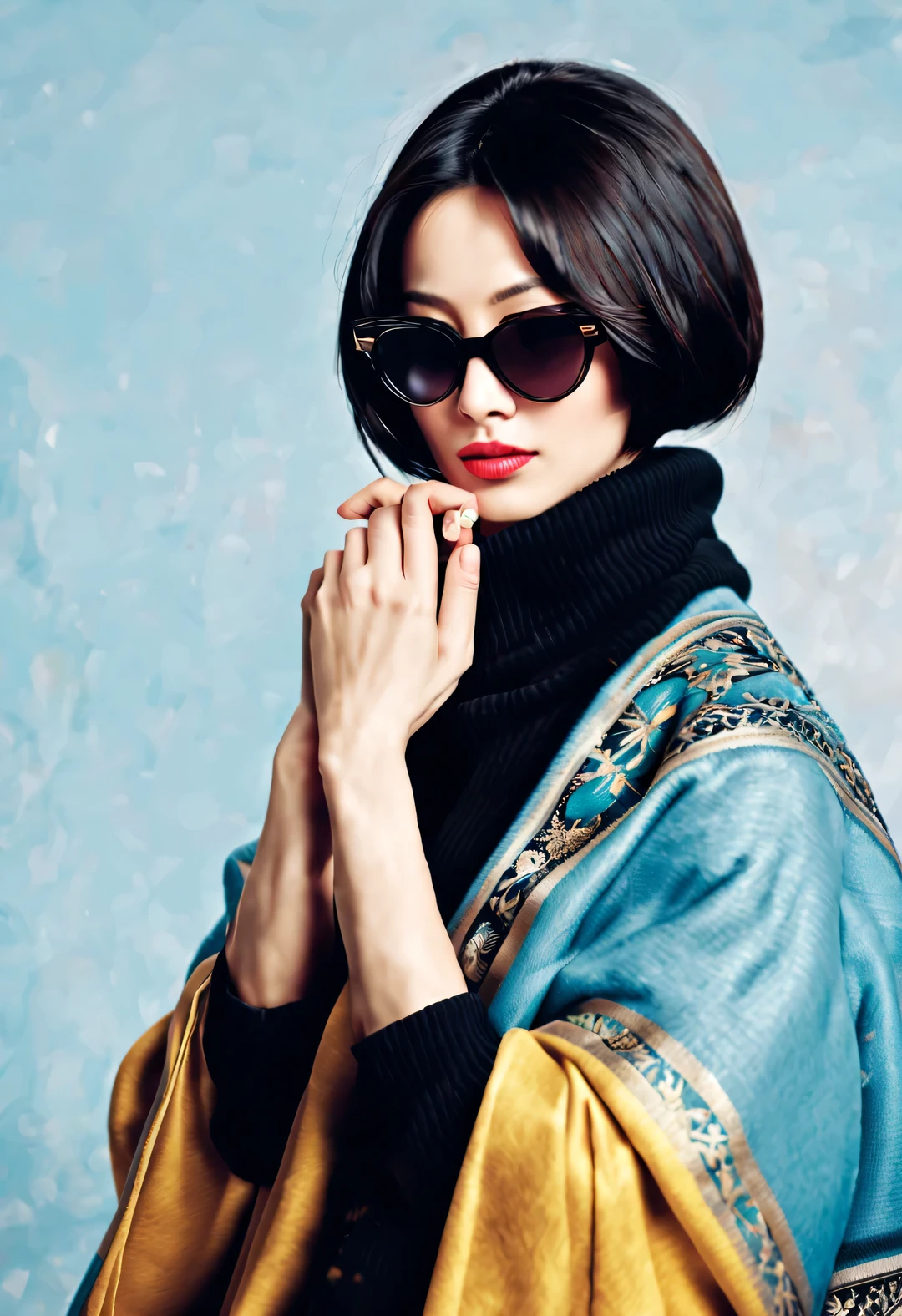 (Modern art fashion character design), Very unified CG, (Half-length close-up), falling snow background, snowfall,
(a beautiful chinese girl，With a gentle smile，Praying with hands together), (The exaggeratedly large navy blue wool scarf covered half of her face: 1.1), (Sophisticated yellow sweater and coat: 1.1), (wearing black sunglasses and combing meatball: 1.2), Harmonious combination of classic and modern, Girl fair and flawless smooth skin, high nose bridge, Raised pose, sad yet beautiful, slender figure, Exquisite facial features, swirling fog illustration, ink painting, black hair, meatball, Proud, Surrealism, contemporary art photography, action painting illustration, abstract expressionism, Pixar, depth of field, motion blur, backlight, radiation, decline, Head up angle, Sony FE General Manager, ultra high definition, masterpiece, accurate, textured skin, Super details, high detail, high quality, Award-winning, best quality, Level, 16k, Photographed from a bottom-up perspective, interesting,