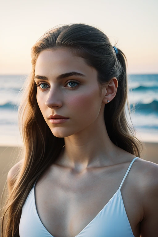Obra maestra, La mejor calidad, Hiperrealista, cinematric photo, 20 years girl, Pale skin, Amazing Russian Hourglass Body, bikini, Ponytail brown hair, Grande, (Fondo de playa), Estilo moderno, (8k, epic composition, fotorrealista, sharp focus), Fondo sofisticado, DSLR, grano de aluminio, Luz de fondo, horizontal