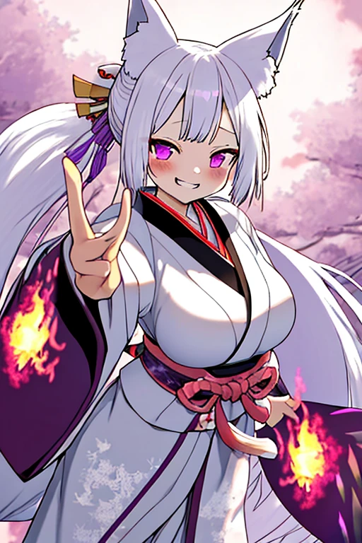 animal ears, 1girl,huge breast,dynamic angle,dutch angle, 
japanese clothes, white hair, kimono, fox ears, fang, purple eyes,wide sleeves, bangs, long sleeves, blush, sleeves past wrists,  solo, sash, very long hair, looking at viewer, hagoromo,  cloud, shawl, white kimono, obi,
(fighting stance:1.2),fire, white hair,very long hair,fox ears, purple eyes, ponytail, hair ornament,parted bangs, japanese clothes,white kimono,geta,tabi,
grin,happy,itako_v1,touhoku itako,itk,