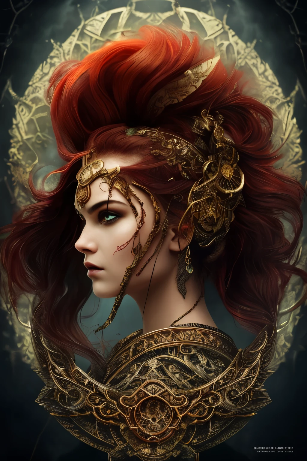 A captivating and intricately detailed image of a Viking girl, adorned with the spirit of warrior courage. Her fiery red hair cascades down her back, framing her steampunk-inspired emerald outfit, exuding an aura of mystery and power. Her face is marked with distinctive tattoos, each black line telling a unique story. Her piercing, intense gaze is accentuated by a bold, singular black line on each eye. The frontal view of her face ((best quality)) is a masterpiece, revealing her fierce determination and indomitable spirit, as if straight out of a mythological saga. This exquisitely rendered, highly detailed digital artwork in 8
