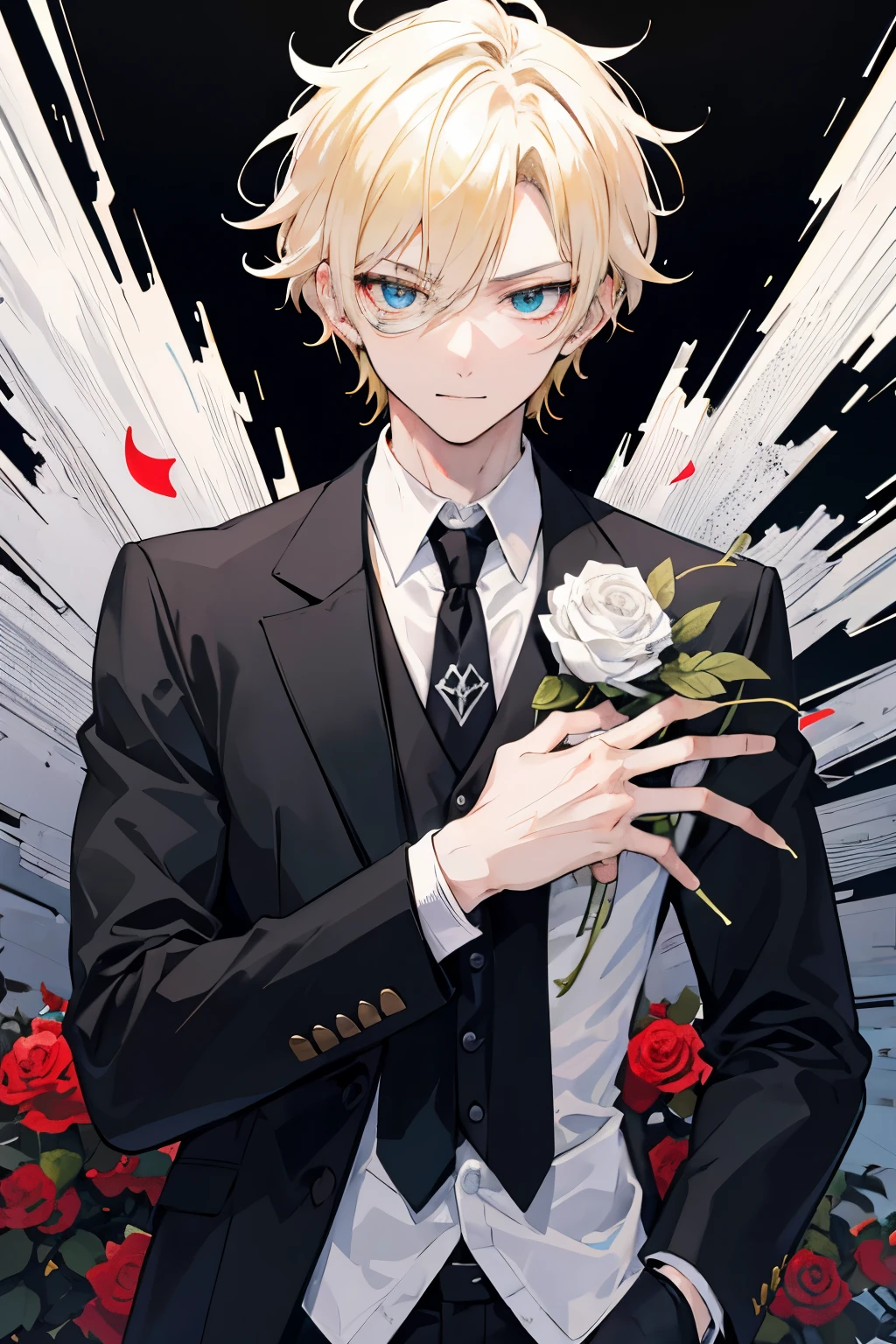 Make an image of Manga hero Johan from Manga Monster, wearing a black suit with a sharp crease, a white shirt that pristine and untucked, a mixed-colored tie that adds a pop of color to his formal attire, and holding a rose gently in his mouth with a hint of a smile. His blonde hair, styled in a sleek yet messy manner, frames his ruggedly handsome face. Bring the scene to life in a 2D animation style, capturing the intricacies of Manga art, with a vivid color palette and bold lines that tell the story of this complex character.