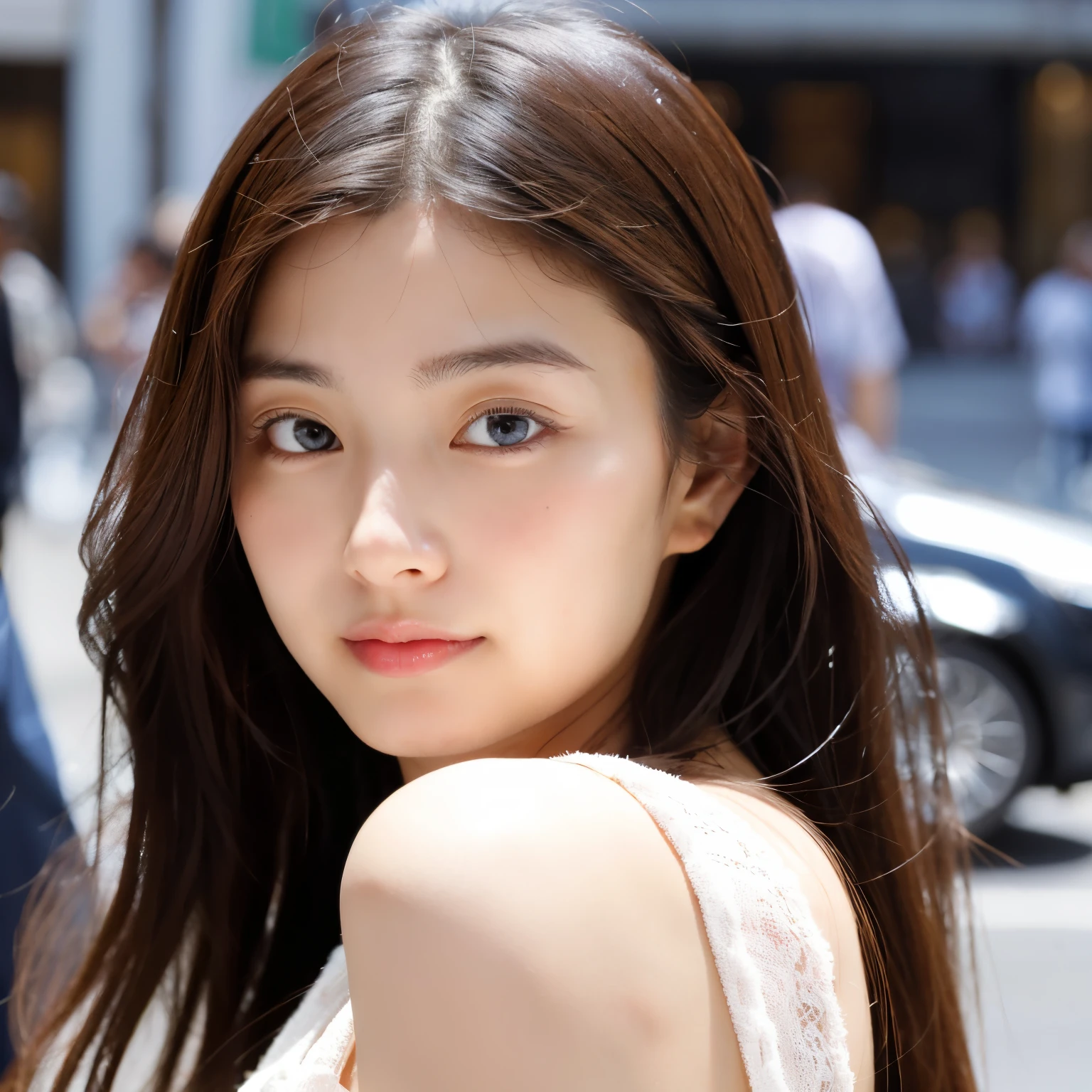 beautiful face, highest quality,Super high natural light, shiny skin,fine skin,detailed face,fine eyes, beautiful japanese girl, In the streets of Japan's big city,Surrounded by men、girl with shy expression