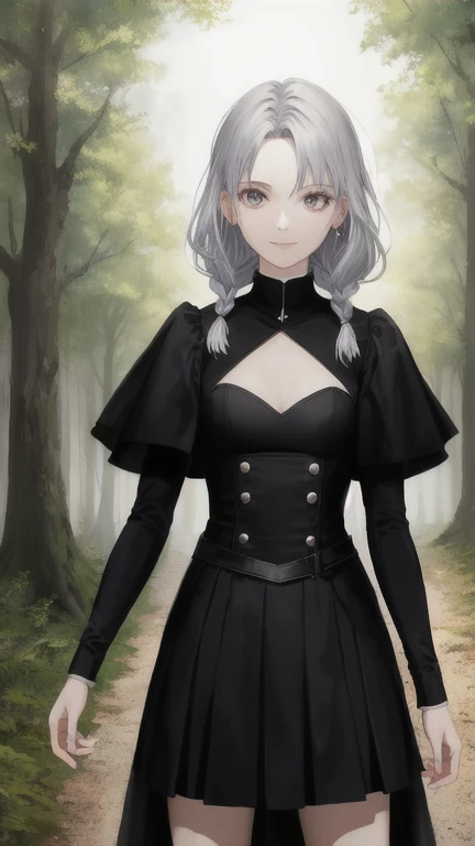 (masterpiece,best quality:1.5),claymore (series),ophelia \(claymore\),1girl,Solo,fantasy,pale white skin,silver hair,show the forehead ,slicked back hair,hair pulled back,single braid,very long and large braid,yellow eyes,white bodysuit,white gloves,collarbone,silver pauldrons,(evil smile),a sad look,in the dark night lakeside with a lot of trees ,no moon