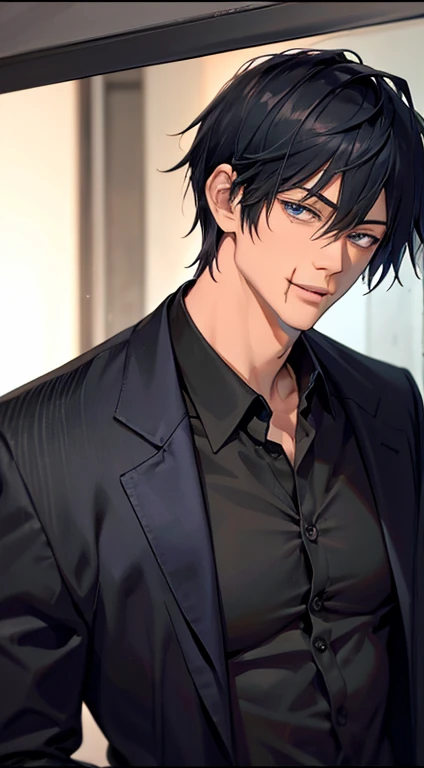 masterpiece, highest quality, Ultra high definition,full color, 1 boy, anime style, Close up of a handsome 19 year old man, he is in his room, the room is dark, dim light only, with backlight, night, rain, The light is dark Ingy the Cafe, The boy is very handsome, his face has perfect proportions, detailed face, very short hair, Big, beautiful and masculine eyes, he is shy,