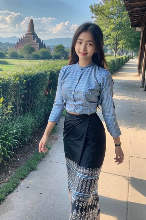 a beautiful girl with cute dimples, smiling, wearing
burmese dress, walking in Bagan's street,
ACMM LS OUTFIT, WEARING ACMM TOP OLIVE
GREEN ACMM TOP; LONG SLEEVES, WEARING
ACMM LONG SKIRT, OLIVE GREEN ACMM LONG
SKIRT, PRINTED SKIRT
OUTDOORS, SCENERY, TRADITIONAL MEDIA,
SKY, DAY, PHOTO BACKGROUND, REAL WORLD
LOCATION, ARCHITECTURE, NATURE, RUINS
LANDSCAPE, BAGAN ANCIENT PAGODA
BACKGROUND