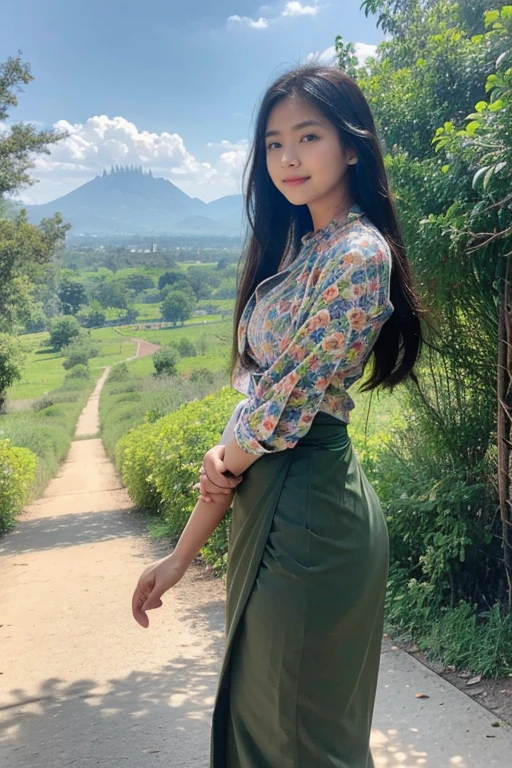a beautiful girl with cute dimples, smiling, wearing
burmese dress, walking in Bagan's street,
ACMM LS OUTFIT, WEARING ACMM TOP OLIVE
GREEN ACMM TOP; LONG SLEEVES, WEARING
ACMM LONG SKIRT, OLIVE GREEN ACMM LONG
SKIRT, PRINTED SKIRT
OUTDOORS, SCENERY, TRADITIONAL MEDIA,
SKY, DAY, PHOTO BACKGROUND, REAL WORLD
LOCATION, ARCHITECTURE, NATURE, RUINS
LANDSCAPE, BAGAN ANCIENT PAGODA
BACKGROUND