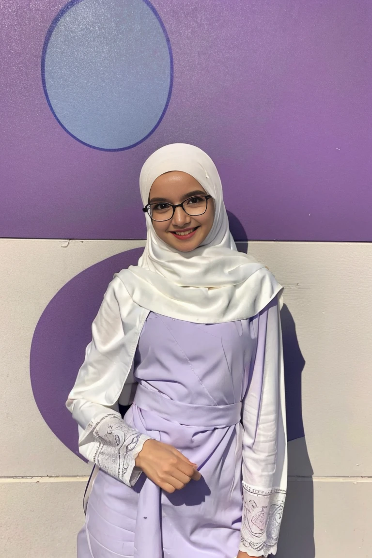 photography, young woman with smile face, petite body, over the shoulder pose, long pastel white shawl with purple abaya, wide-frame glasses, background digital art graffiti on black wall, ultra details any aspect of drawing, UHD 8K