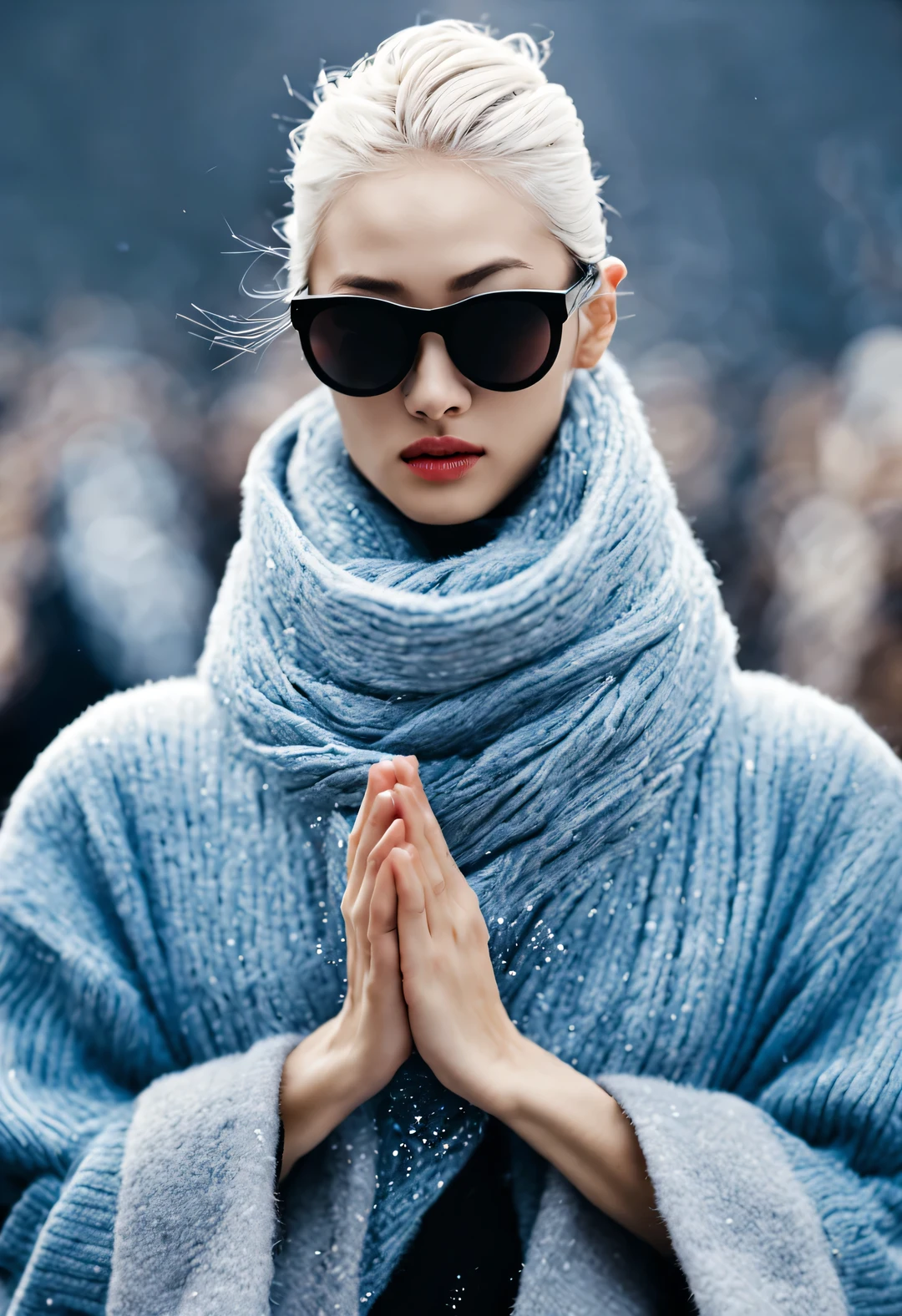 (Modern art fashion character design), Very unified CG, (Half-length close-up), falling snow background, snowfall,
(a beautiful chinese girl，With a gentle smile，Praying with hands together), (The exaggeratedly large navy blue wool scarf covered half of her face: 1.1), (Sophisticated yellow sweater and coat: 1.1), (wearing black sunglasses and combing meatball: 1.2), Harmonious combination of classic and modern, Girl fair and flawless smooth skin, high nose bridge, Raised pose, sad yet beautiful, slender figure, Exquisite facial features, swirling fog illustration, ink painting, black hair, meatball, Proud, Surrealism, contemporary art photography, action painting illustration, abstract expressionism, Pixar, depth of field, motion blur, backlight, radiation, decline, Head up angle, Sony FE General Manager, ultra high definition, masterpiece, accurate, textured skin, Super details, high detail, high quality, Award-winning, best quality, Level, 16k, Photographed from a bottom-up perspective, interesting,