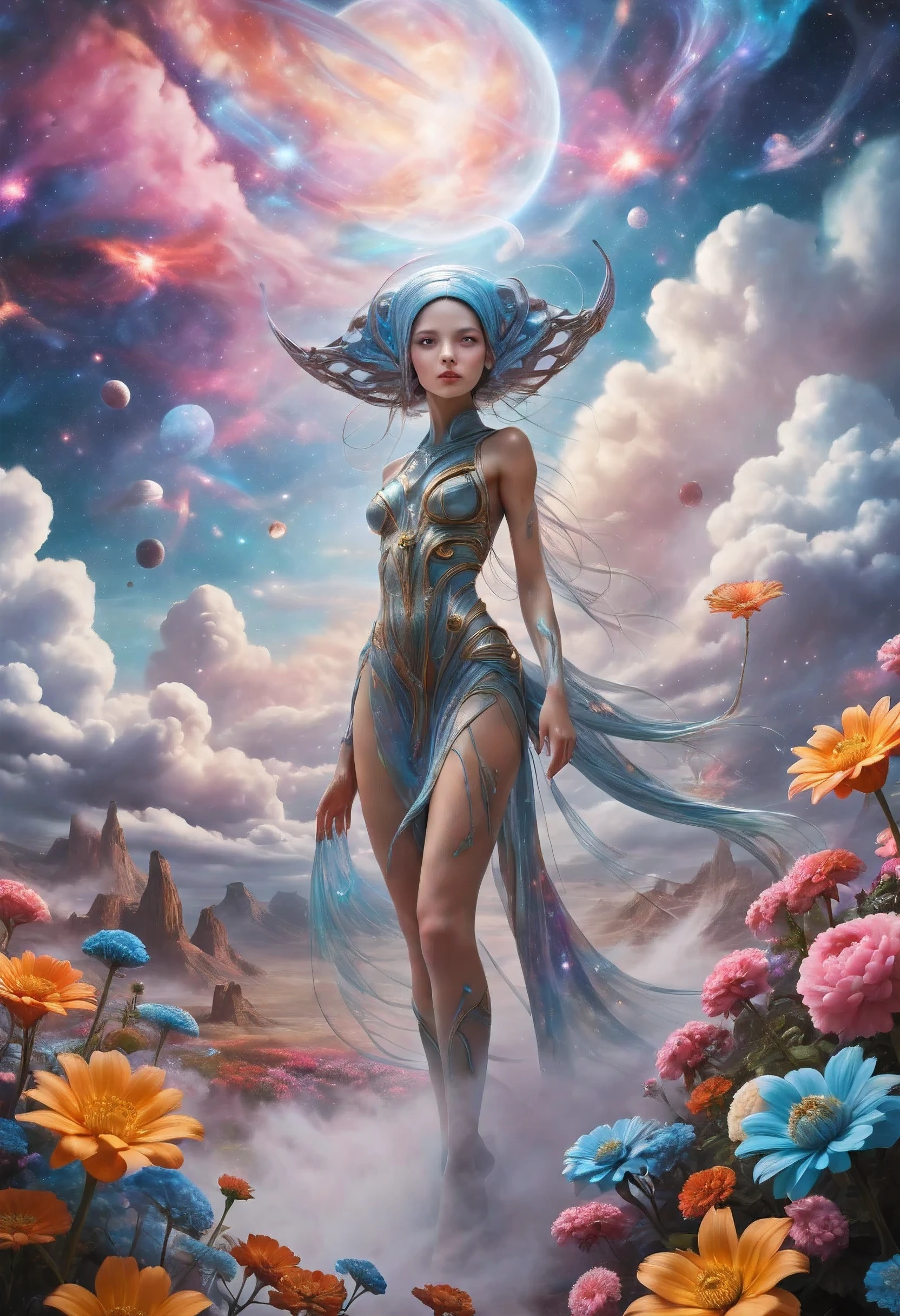 "((Galactic)) scene portraying an alien girl surrounded by a symphony of clouds, splashes of vivid colors, and delicate flowers, an imaginative composition that sparks the viewer's curiosity"