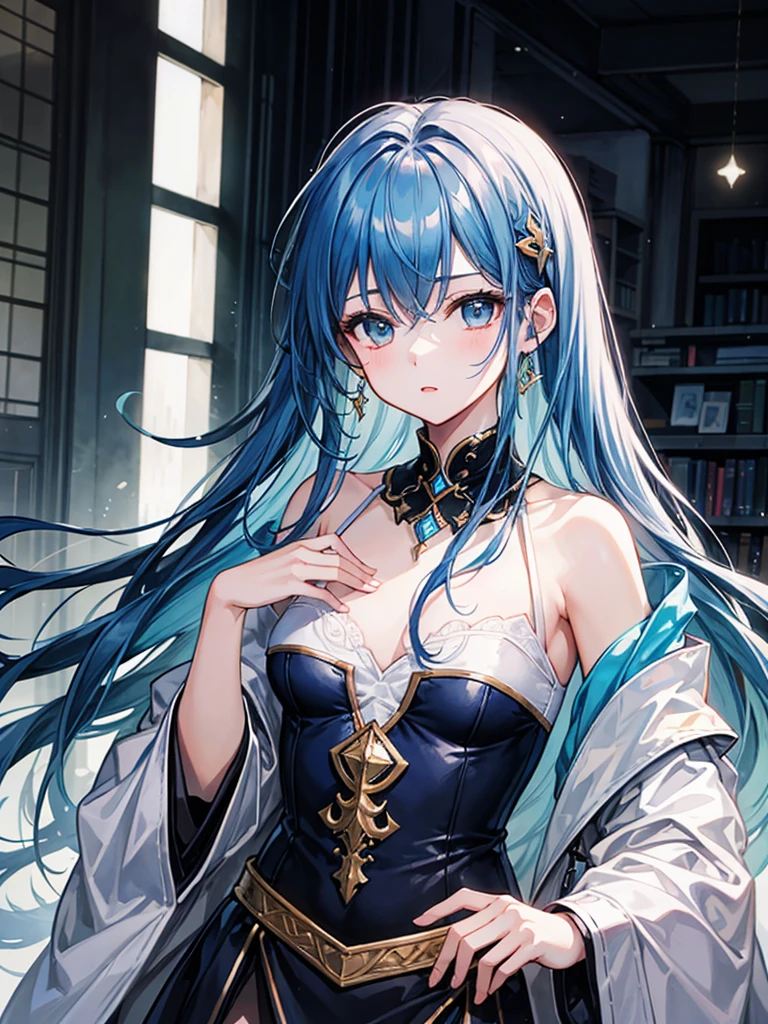 （（（masterpiece、Highest image quality、highest quality、highly detailed unity 8ｋwallpaper）））、（（Illustration of one girl、upper body））、（（（beautiful girl）））、（librarian）、blue hair、stocky build, thickset physique：1.3, broad shoulders, solid chest、（（（flat chest）））、librarian服