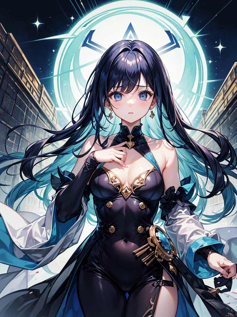 absurdres, RAW photo, extremely delicate and beautiful, masterpiece, Best Quality, ultra high resolution, 32k, hyperrealistic, ultra-detailed, detailed description, pale skin, 20 years old, tearful mole, earring, Colossal tits, short medium hair, wavy hair, blue uniform, blue pleated skirt, military uniform,