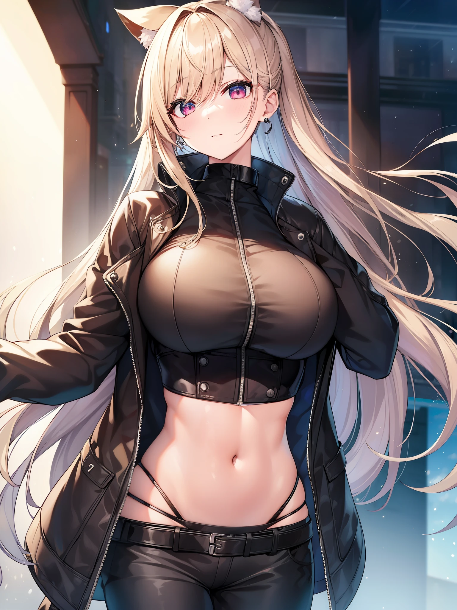 (day:1.7)、cyber punk、cityscape、outdoor、City Walk、(belly button:1.2)、black clothes、black jacket、black shirt、Black shorts、belt、knee high、open clothes、Virtual YouTuber、bangs、blonde、hair ornaments、jewelry、earrings、red eyes、ponytail in hair、1 girl、20-year-old、young woman、beautiful指、beautiful長い脚、beautiful体、beautiful鼻、beautifulキャラクターデザイン、perfect eyes、perfect face、expressive eyes、Looking for viewer side、At the center of the image、(Upper body)、(focus on face)、official art、Highly detailed CG Unity 8K wallpaper、perfect lighting、colorful、bright front face lighting、shiny skin、(masterpiece:1.0)、(highest quality: 1.0)、超High resolution、4K、Super detailed、photograph、8K、HDR、High resolution、disorganized:1.2、Kodak portra 400、film grain、blurred background、Bokeh:1.2、Lens flare、(vibrant_color:1.2) (beautiful、big breasts:1.0)、(beautiful顔:1.5)、(narrow waist)、
