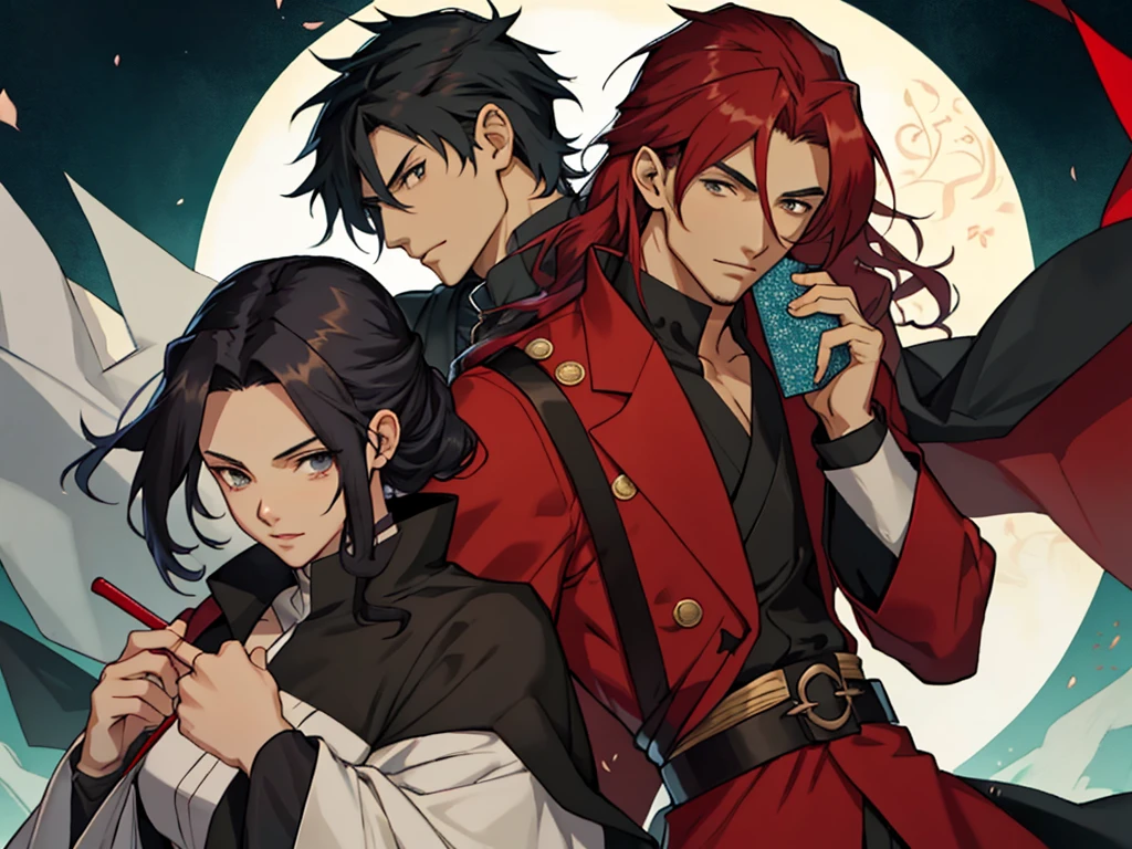 couple　men and women　An anime character with long red hair and black clothes is holding a cookie, Handsome Men in Anime, A woman with short black hair is holding a pouch,anime vampires, hidari and vlop, anime style like fate/Stay Night, nixeu and sakimichan, fantasy style anime, petros and leonid, sakimichan and frank franzzeta, Gap Moe Yandere Grim Dark