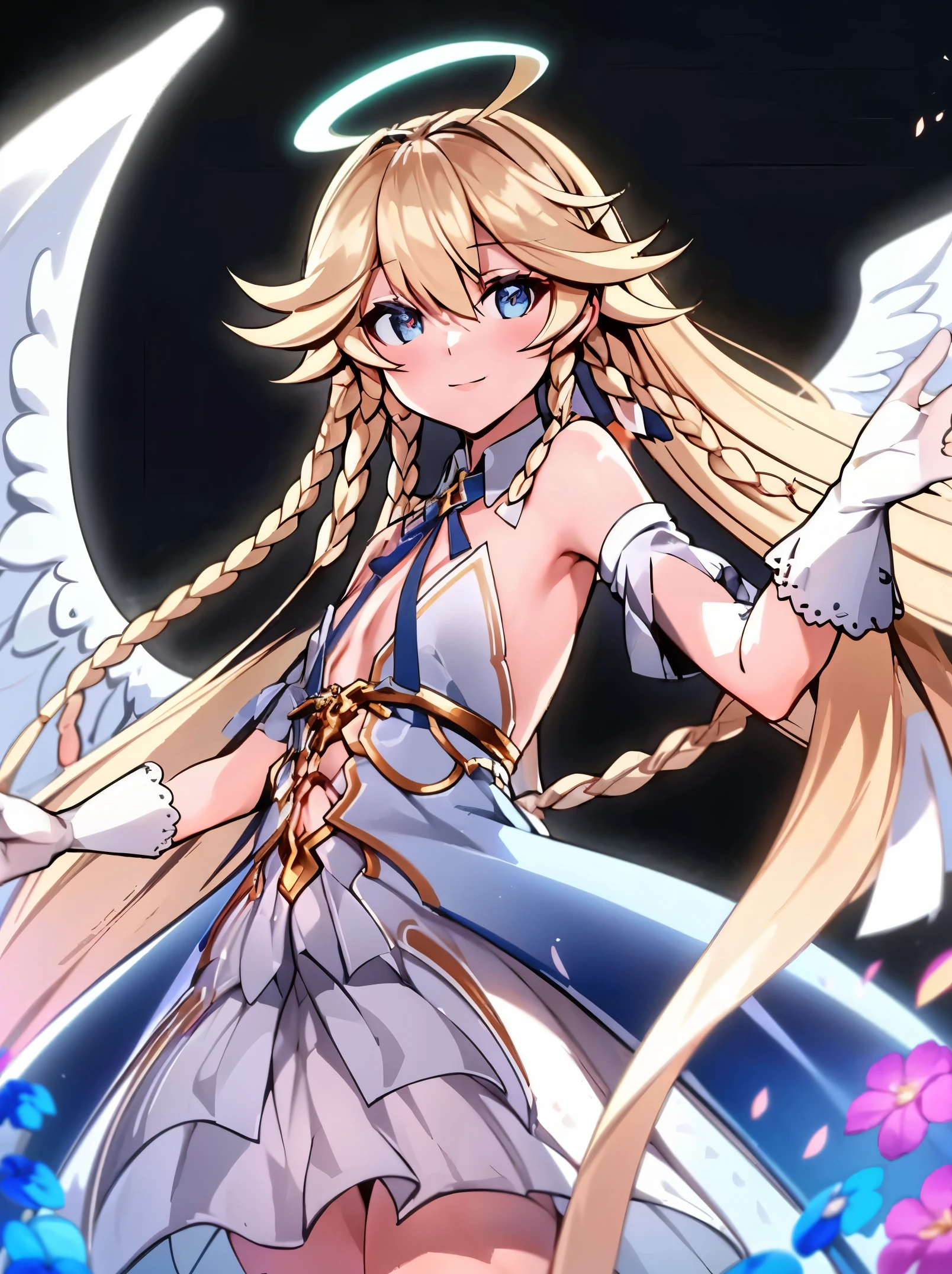 (masterpiece, best quality, high quality, high resolution:1.2), 超high resolution, ridiculous, sharp focus, detailed,
permanent, medium shot,
1 girl, e7 America Online, blonde hair, long hair, long braids, small breasts, flat chest, blue eyes, White summer dress, White gloves, angel wings, halo,
looking at the audience, student, finely-detailed eyes, Smile,
perfect hands, skinny, detailed skin, shiny skin,
outdoor, garden, daytime,
detailed background, colorful, subsurface scattering, Volumetric lighting, extremely detailed
