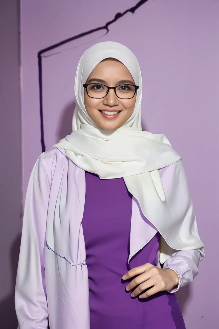 photography, young woman with smile face, petite body, over the shoulder pose, long pastel white shawl with purple baju kurung, wide-frame glasses, background digital art graffiti on black wall, ultra details any aspect of drawing, UHD 8K