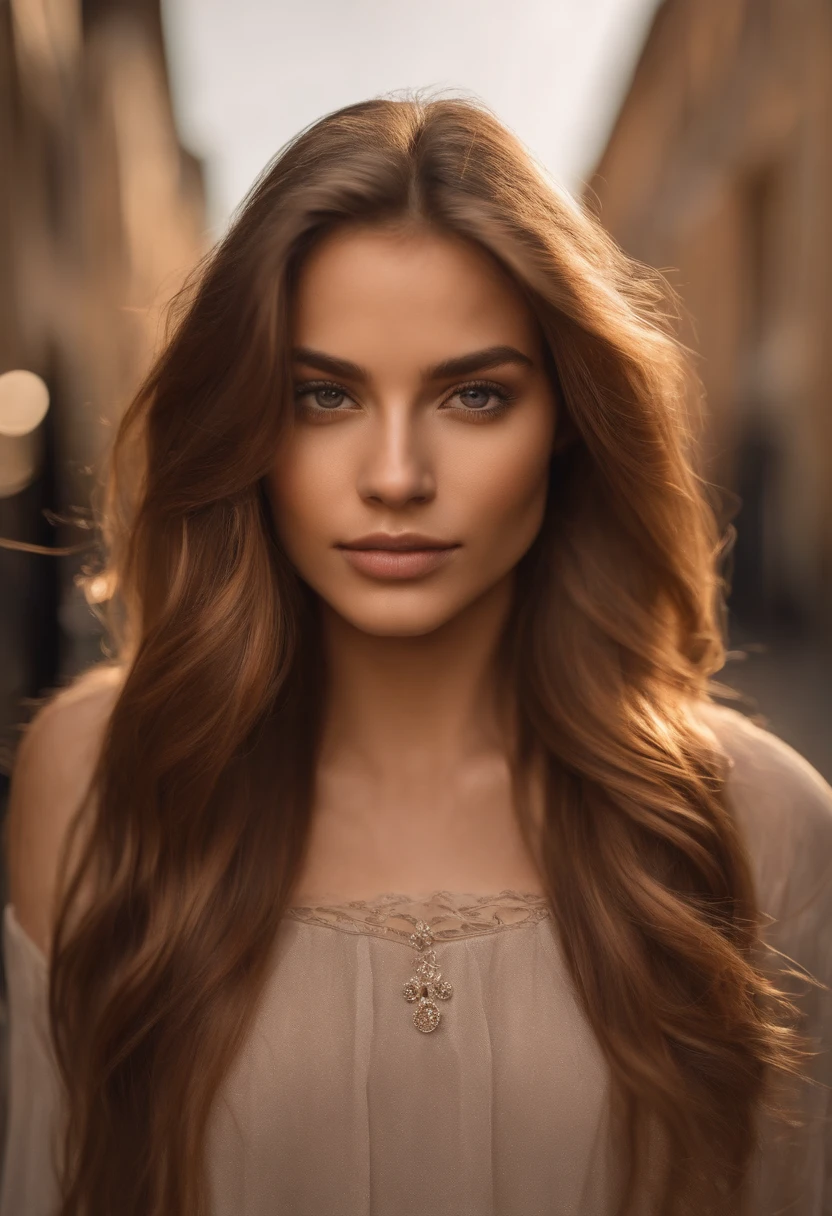 Natural photography of a girl, wearing a loose crop top, leaning over, long straight light brown hair, locks eyes into the camera, symmetrical eyes, symmetrical face, photorealistic, photography, path tracing, specular lighting, volumetric face light, path traced hair, visible shadows, intricate, elaborate, street art background, 8k ,more realistic