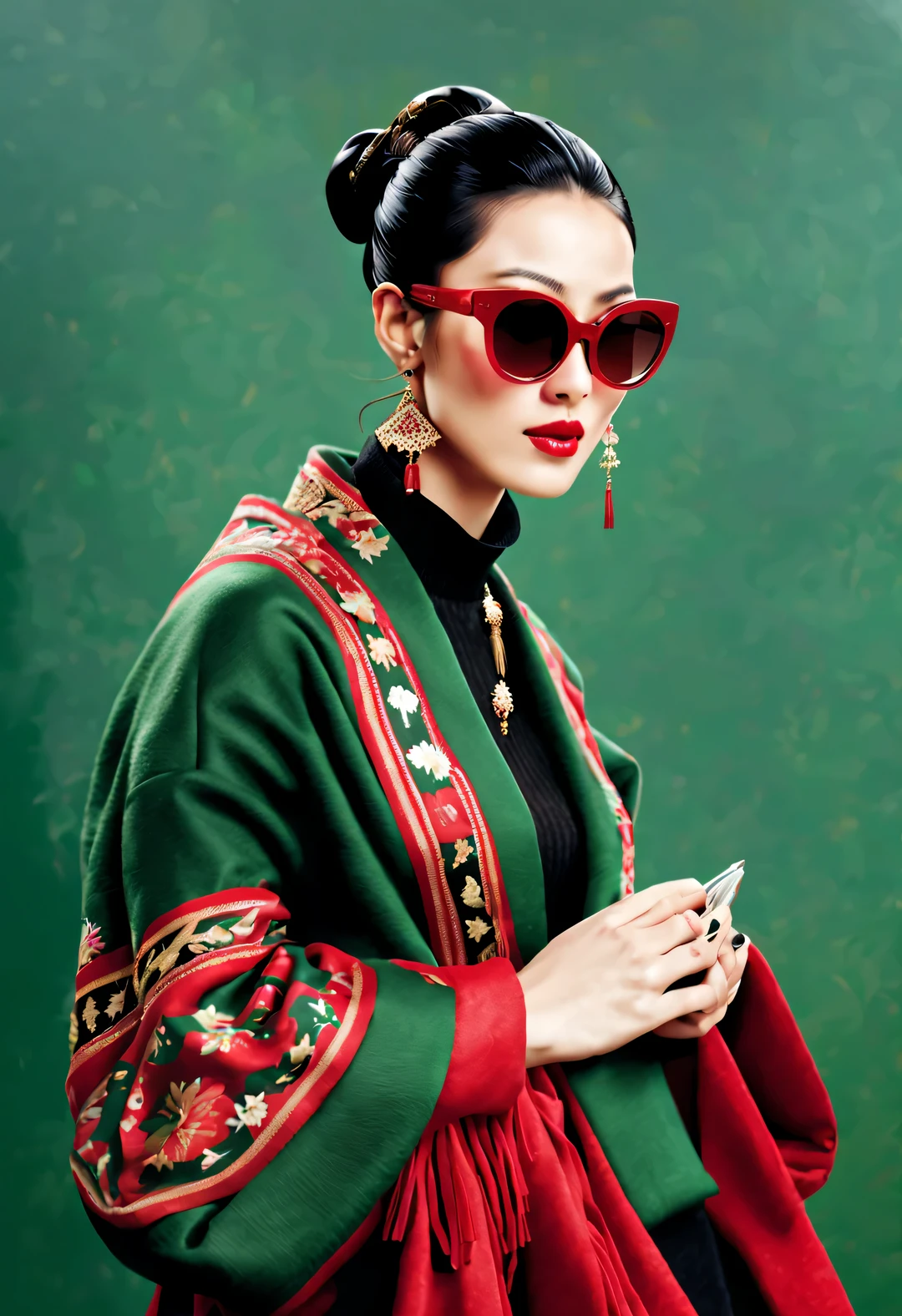 (Modern art fashion character design), Very unified CG, (Half-length close-up), falling snow background, snowfall,
(a beautiful chinese girl，With a gentle smile，Praying with hands together), (An exaggerated red wide woolen scarf covered half of her face: 1.1), (Dark green sweater and jacket: 1.1), (Wearing black sunglasses，Comb your hair in a bun: 1.2), Harmonious combination of classic and modern, Girl fair and flawless smooth skin, high nose bridge, Head up posture, sad yet beautiful, slender figure, Exquisite facial features, swirling fog illustration, ink painting, black hair, meatball, Proud, Surrealism, contemporary art photography, action painting illustration, abstract expressionism, Pixar, depth of field, motion blur, backlight, radiation, decline, Head up angle, Sony FE General Manager, ultra high definition, masterpiece, accurate, textured skin, Super details, high detail, high quality, Award-winning, best quality, Level, 16k, Photographed from a bottom-up perspective, interesting,