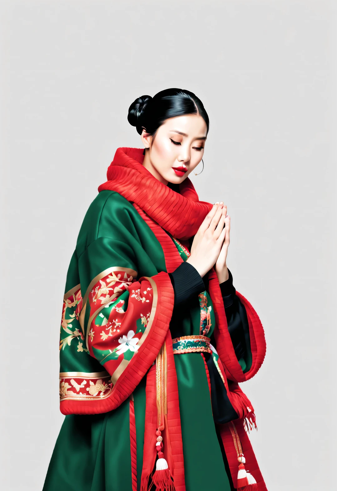 (Modern art fashion character design), Very unified CG, (Half-length close-up), falling snow background, snowfall,
(a beautiful chinese girl，With a gentle smile，Praying with hands together), (An exaggerated red wide woolen scarf covered half of her face: 1.1), (Dark green sweater and jacket: 1.1), (Wearing black sunglasses，Comb your hair in a bun: 1.2), Harmonious combination of classic and modern, Girl fair and flawless smooth skin, high nose bridge, Head up posture, sad yet beautiful, slender figure, Exquisite facial features, swirling fog illustration, ink painting, black hair, meatball, Proud, Surrealism, contemporary art photography, action painting illustration, abstract expressionism, Pixar, depth of field, motion blur, backlight, radiation, decline, Head up angle, Sony FE General Manager, ultra high definition, masterpiece, accurate, textured skin, Super details, high detail, high quality, Award-winning, best quality, Level, 16k, Photographed from a bottom-up perspective, interesting,