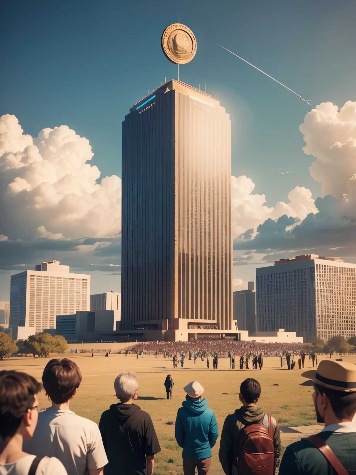 A group of people gathered to see a large coin in the sky, a lot of people look a big coin, a bitcon, 4k