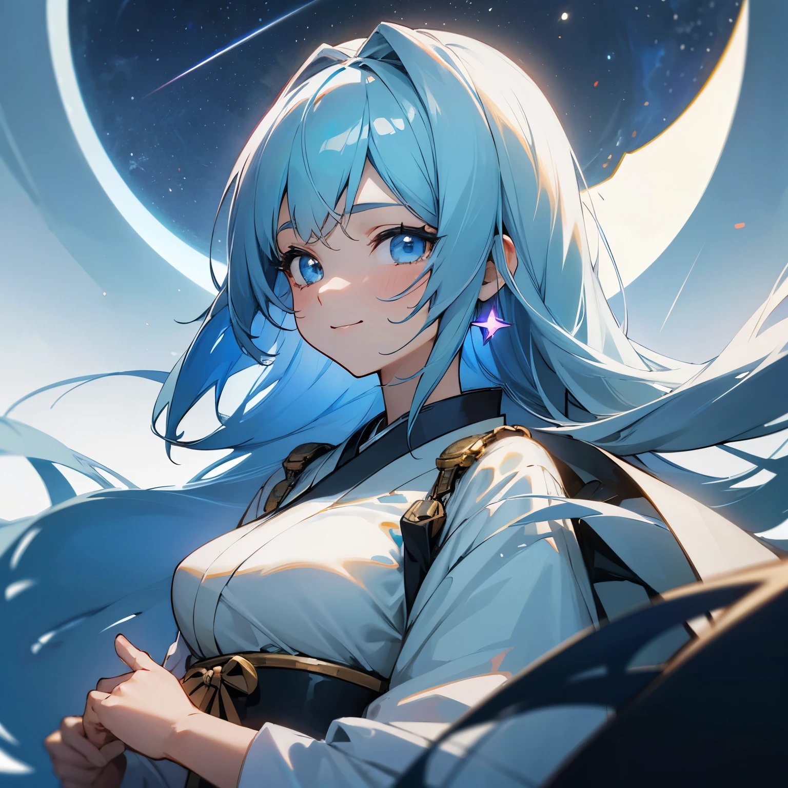 (white theme:1.4), (highly detailed back ground:1.0), (highly detailed back ground:1.0), masterpiece, top-quality, ultra high resolution, 8K, BREAK, a japanese girl, solo, upper shot, highly-detailed face, smile, BREAK, detailed hair, (1/2 strong blue and 1/2 golden hair), BREAK, detailed skin, glowy skin, detailed eyes, blue eyes, burning cheeks, big breasts, BREAK, detailed clothing, (shiwarai:1.2), looking at the camera, (bright starry sky at earthrise)