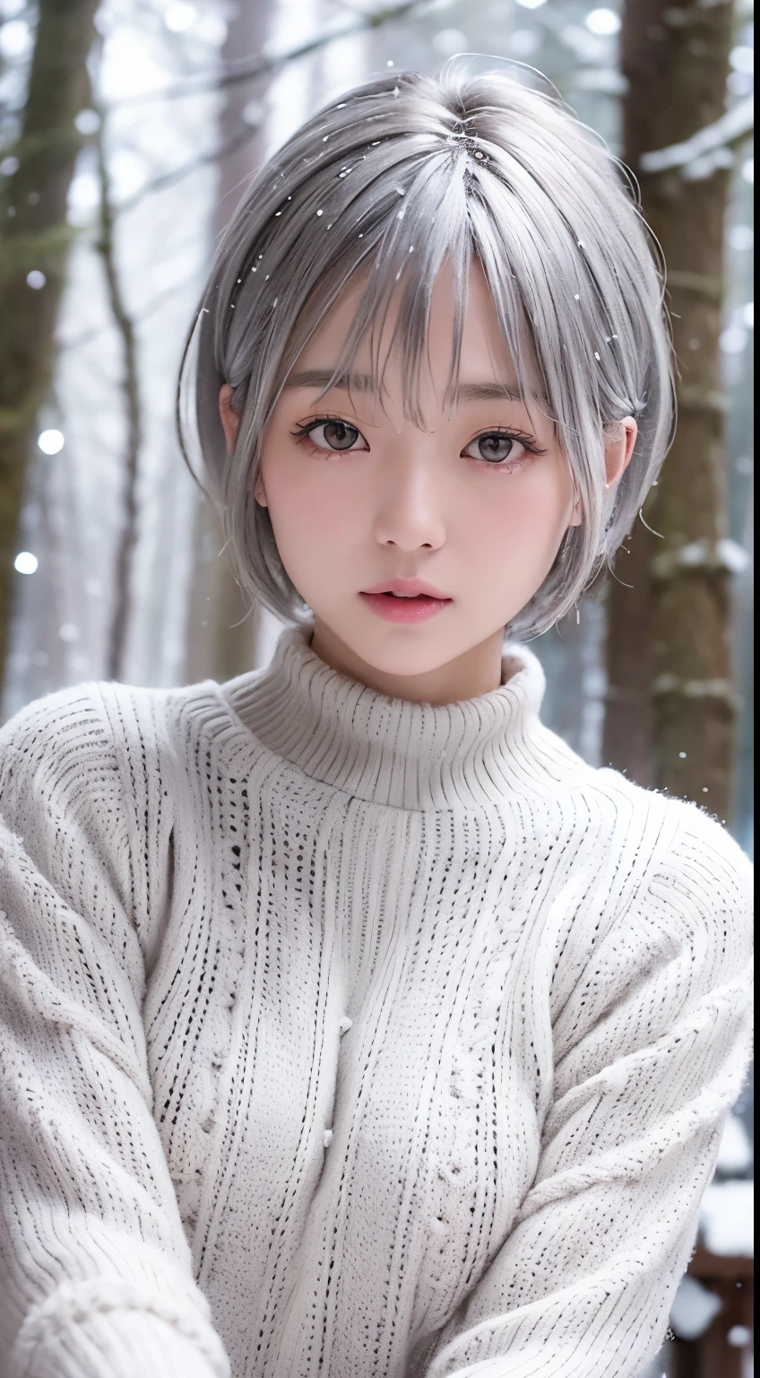 in the snowy forest, japanese girl, wniter knit sweater, snowing,pupils sparkling, short hair, silver hair, realistic Portrait, depth of field, f/1.8, anatomically correct, textured skin, super detail, high details, high quality, super detail, high details, high quality, best quality, highres, sexy pose