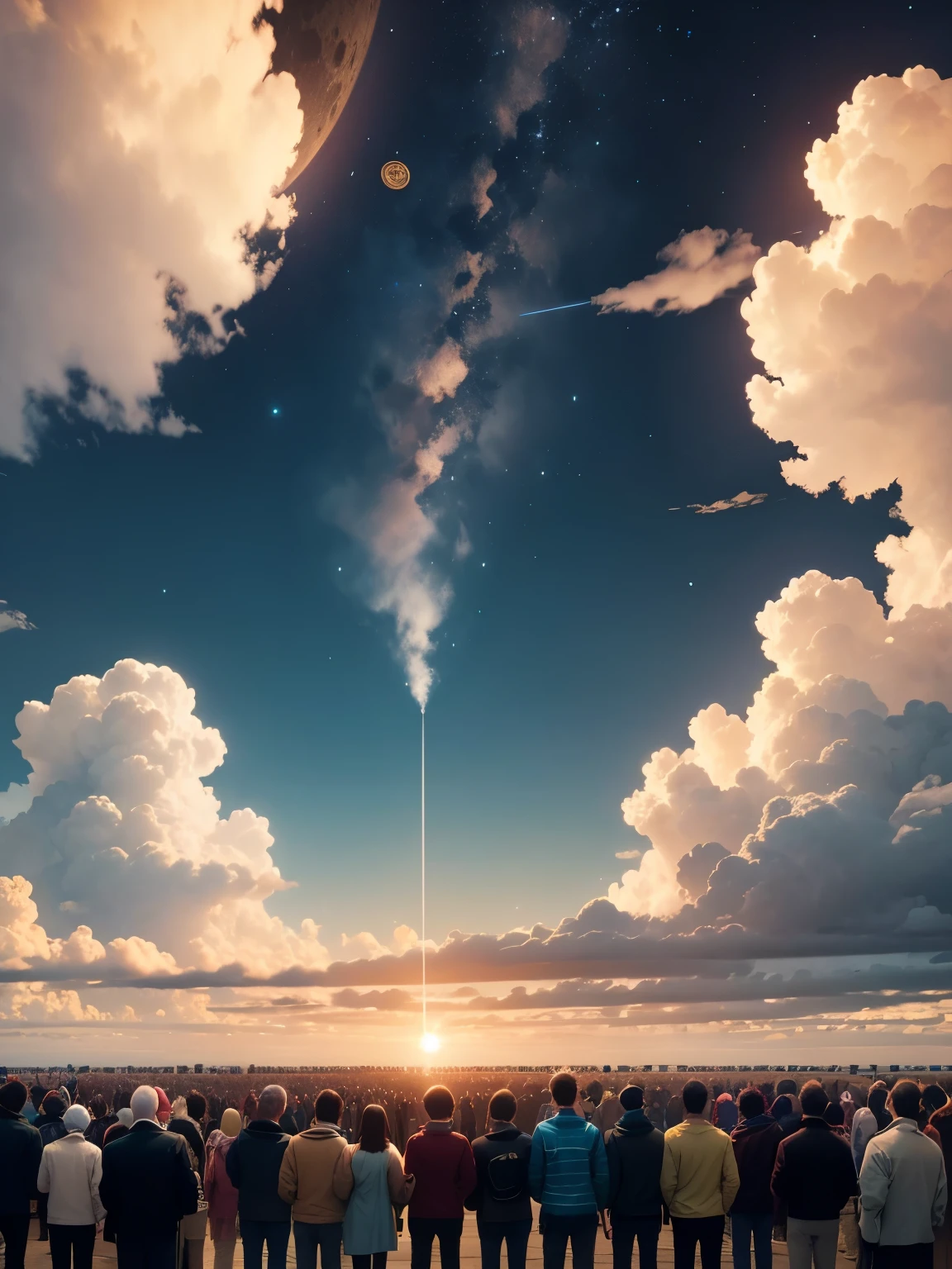 A group of people gathered to see a large coin in the sky, a lot of people look a big coin, a bitcon, 4k