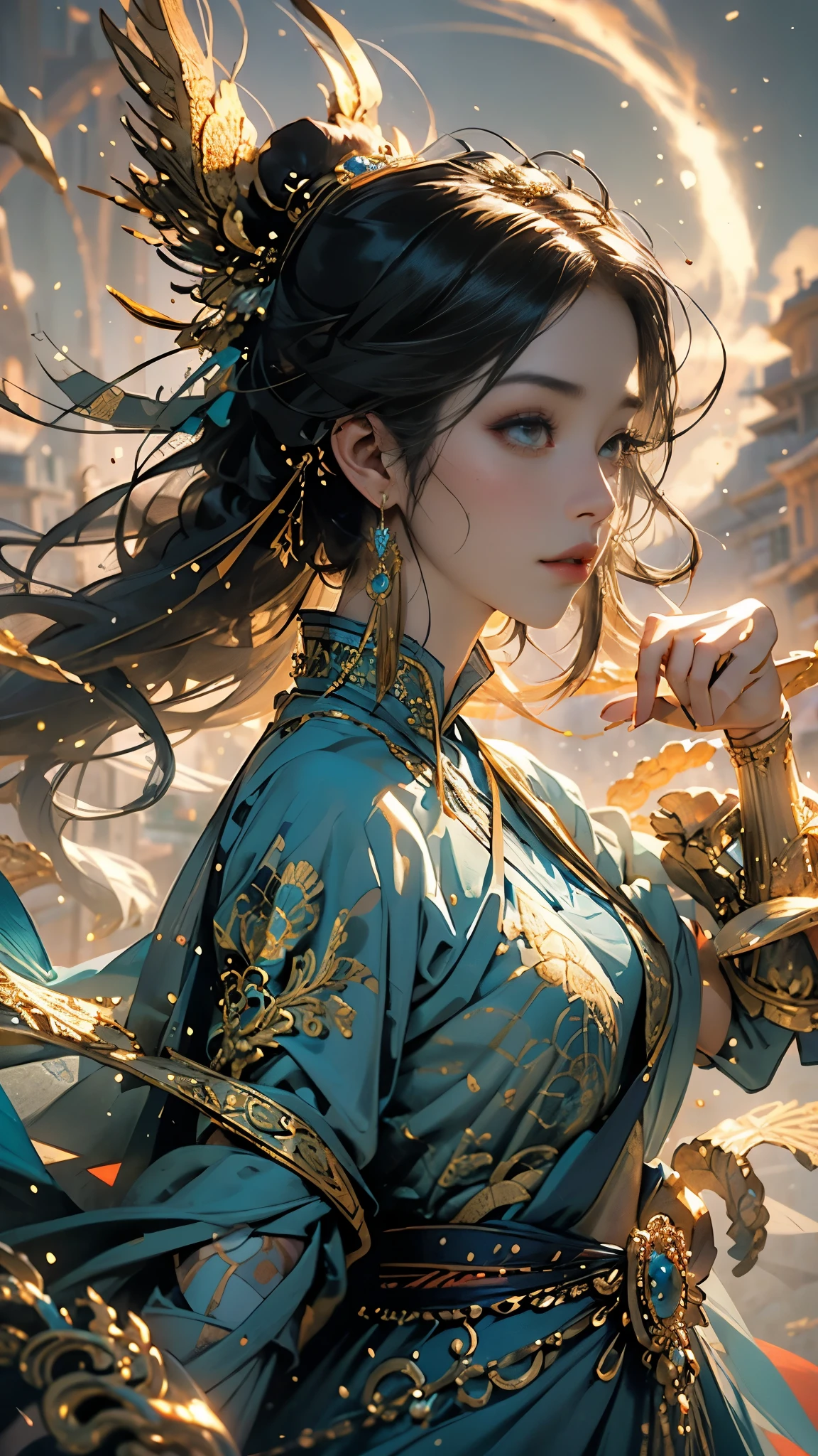 Telling the mythical story of Nuwa patching up the sky,Chinese mythology and stories,She smelt five-color stones to mend the sky;Stopped terrible floods。Deep background,absurd,marvelous and unbelievable,epic composition,(intricate details,Ultra-detailed:1.2),Super real photos, epic现实, ((neutral color)),(pastel colors:1.2), surreal, + lens + dynamic composition, Extremely detailed, sharpen, Normal, warm light, Light effect, dramatic light, (intricate details:1.1), complex background, (greg rutkovsky:0.8), (teal and orange:0.3),epic, elegant,elegant,(Intricate ornaments:1.1),big goddess avatar,