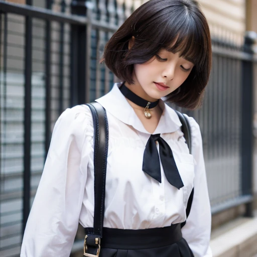 high school girl bob Black suspenders white blouse choker