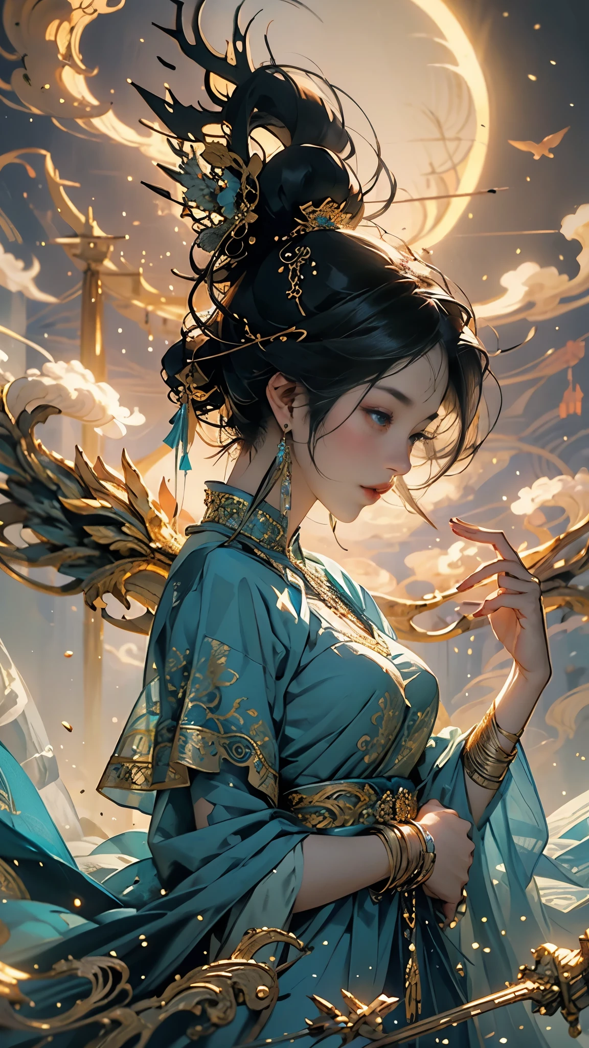 Telling the mythical story of Nuwa patching up the sky,Chinese mythology and stories,She smelt five-color stones to mend the sky;Stopped terrible floods。Deep background,absurd,marvelous and unbelievable,epic composition,(intricate details,Ultra-detailed:1.2),Super real photos, epic现实, ((neutral color)),(pastel colors:1.2), surreal, + lens + dynamic composition, Extremely detailed, sharpen, Normal, warm light, Light effect, dramatic light, (intricate details:1.1), complex background, (greg rutkovsky:0.8), (teal and orange:0.3),epic, elegant,elegant,(Intricate ornaments:1.1),big goddess avatar,