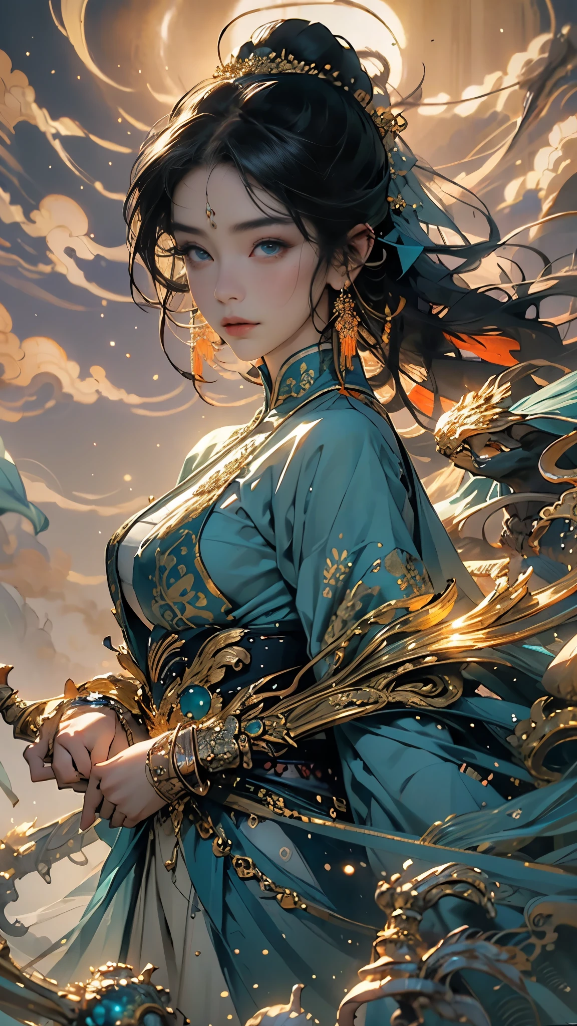 Telling the mythical story of Nuwa patching up the sky,Chinese mythology and stories,She smelt five-color stones to mend the sky;Stopped terrible floods。Deep background,absurd,marvelous and unbelievable,epic composition,(intricate details,Ultra-detailed:1.2),Super real photos, epic现实, ((neutral color)),(pastel colors:1.2), surreal, + lens + dynamic composition, Extremely detailed, sharpen, Normal, warm light, Light effect, dramatic light, (intricate details:1.1), complex background, (greg rutkovsky:0.8), (teal and orange:0.3),epic, elegant,elegant,(Intricate ornaments:1.1),big goddess avatar,