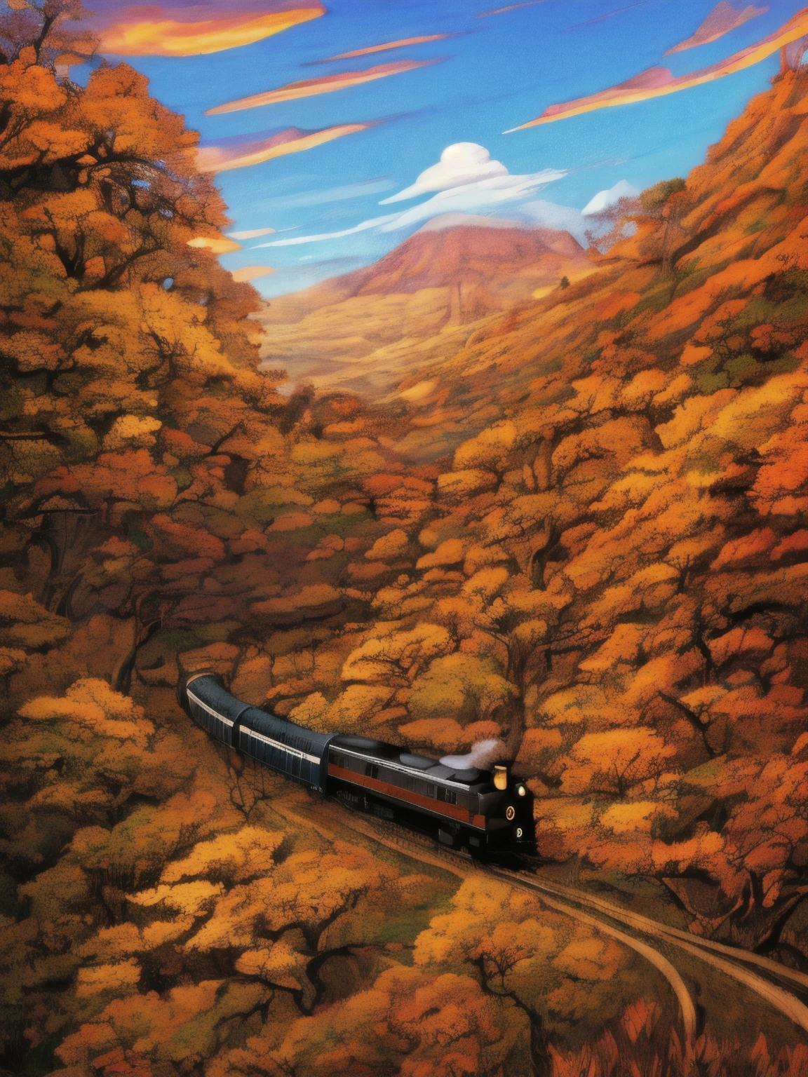 landscape, A mountain in the jungle, AA train is moving from the top, the train is in the style of an 18th century steam train, the train is red in appearance, the whole landscape is autumn, Lighting details, Overhead perspective, Anime style with defining strokes, Dark background with noon sun light, 8K, hyper HD, severe low lighting, High quality, Sharp focus, Fujifilm XT3