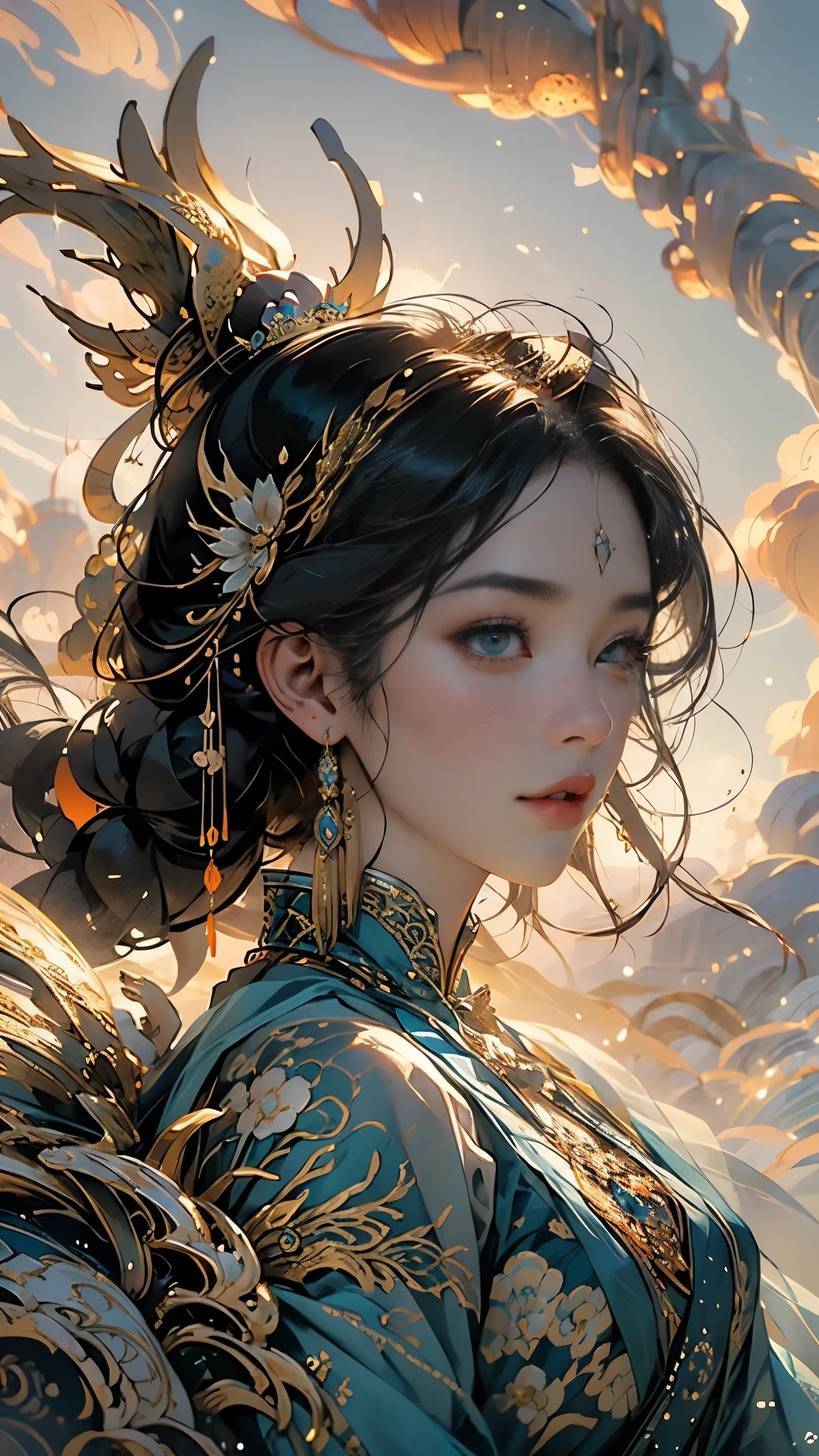 Telling the mythical story of Nuwa patching up the sky,Chinese mythology and stories,She smelt five-color stones to mend the sky;Stopped terrible floods。Deep background,absurd,marvelous and unbelievable,epic composition,(intricate details,Ultra-detailed:1.2),Super real photos, epic现实, ((neutral color)),(pastel colors:1.2), surreal, + lens + dynamic composition, Extremely detailed, sharpen, Normal, warm light, Light effect, dramatic light, (intricate details:1.1), complex background, (greg rutkovsky:0.8), (teal and orange:0.3),epic, elegant,elegant,(Intricate ornaments:1.1),big goddess avatar,