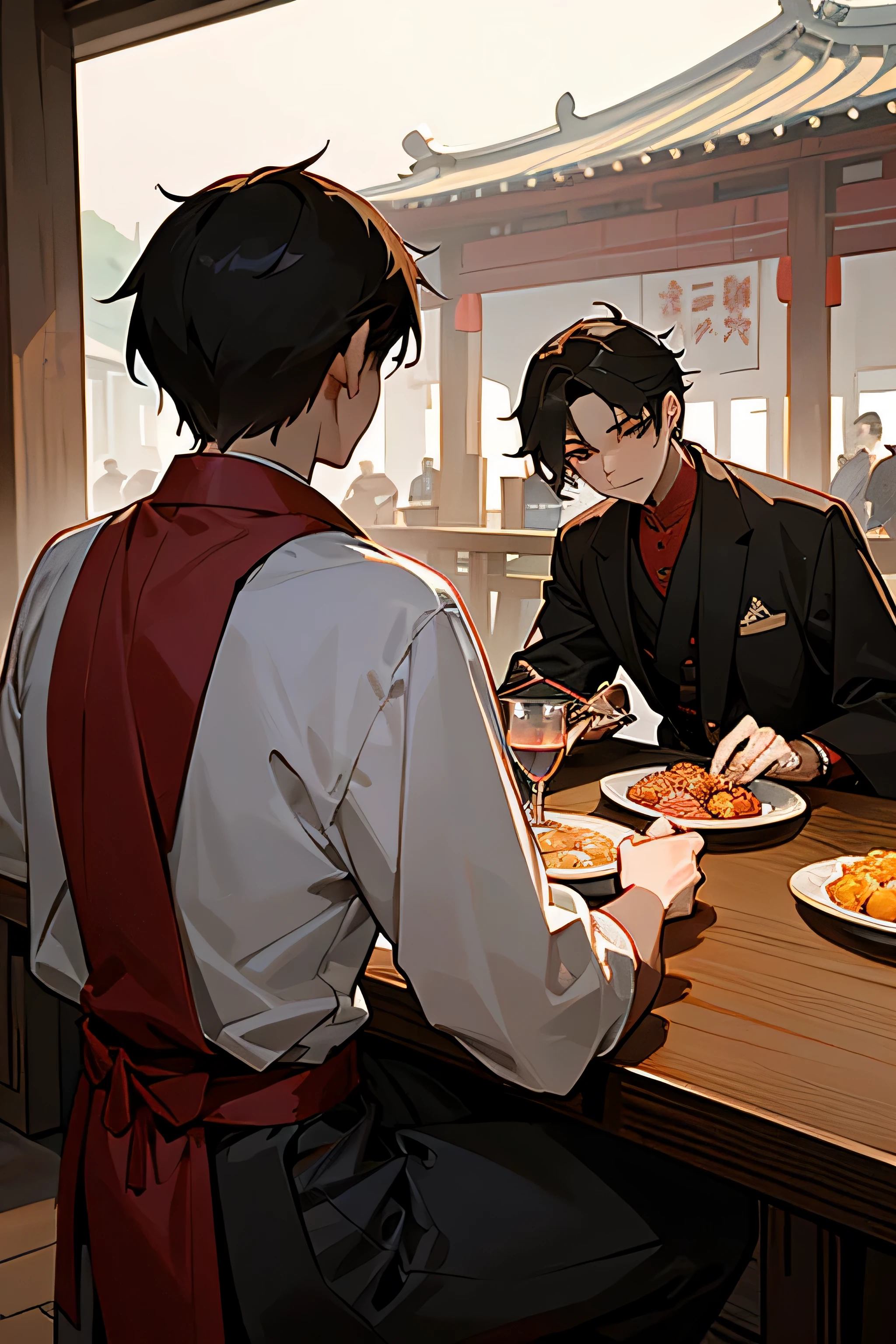 Draw a picture of traditional Chinese martial arts schools，dusk，Riverside wine shop。The focus is on three young people。They sat around a square table。There are three long swords, Drinkware and food on the table。There are meatballs in the food。