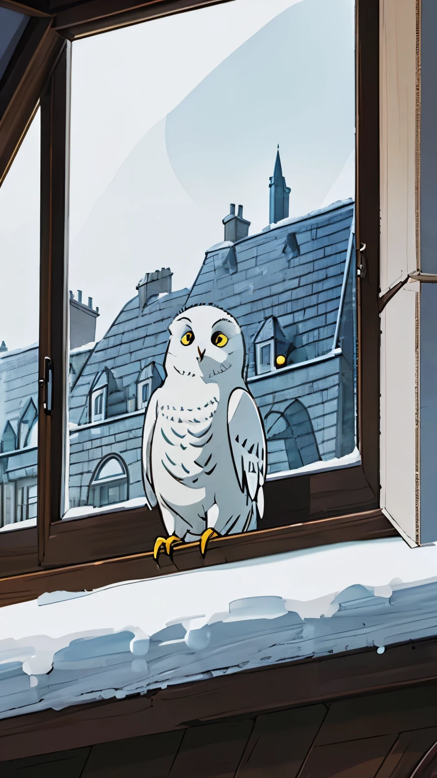 A white snowy owl stands on Harry Potter&#39;s windowsill，windowsill of old house，《Harry Potter and the Philosopher's Stone》，Snowy Owl at Hogwarts，harry potter&#39;s snowy owl，Window of No. 4 Privet Drive，harry potter hedwig