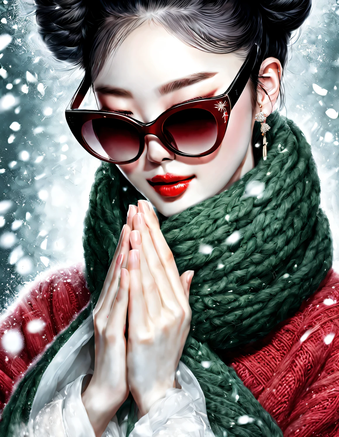 close up，(Modern art fashion character design), Very unified CG, (半身close up), falling snow background, snowfall,
(a beautiful chinese girl，With a gentle smile，Praying with hands together), (An exaggerated red wide woolen scarf covered half of her face: 1.1), (Dark green sweater and jacket: 1.1), (Wearing black sunglasses，Comb your hair in a bun: 1.2), Harmonious combination of classic and modern, Girl fair and flawless smooth skin, high nose bridge, Head up posture, sad yet beautiful, slender figure, Exquisite facial features, swirling fog illustration, ink painting, black hair, meatball, Proud, Surrealism, contemporary art photography, action painting illustration, abstract expressionism, Pixar, depth of field, motion blur, backlight, radiation, decline, Head up angle, Sony FE General Manager, ultra high definition, masterpiece, accurate, textured skin, Super details, high detail, high quality, Award-winning, best quality, Level, 16k, Photographed from a bottom-up perspective, interesting,