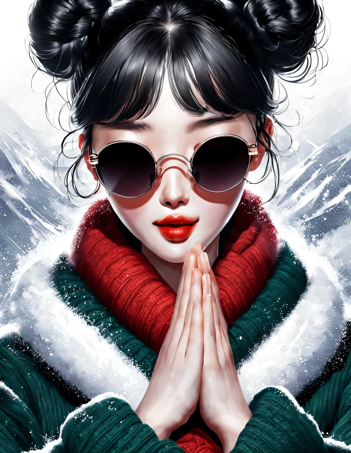 close up,(Modern art fashion character design), Very unified CG, (半身close up), falling snow background, snowfall,
(a beautiful chinese girl,With a gentle smile,Praying with hands together), (An exaggerated red wide woolen scarf covered half of her face: 1.1), (Dark green sweater and jacket: 1.1), (Wearing black sunglasses,Comb your hair in a bun: 1.2), Harmonious combination of classic and modern, Girl fair and flawless smooth skin, high nose bridge, Head up posture, sad yet beautiful, slender figure, Exquisite facial features, swirling fog illustration, ink painting, black hair, meatball, Proud, Surrealism, contemporary art photography, action painting illustration, abstract expressionism, Pixar, depth of field, motion blur, backlight, radiation, decline, Head up angle, Sony FE General Manager, ultra high definition, masterpiece, accurate, textured skin, Super details, high detail, high quality, Award-winning, best quality, Level, 16k, Photographed from a bottom-up perspective, interesting,