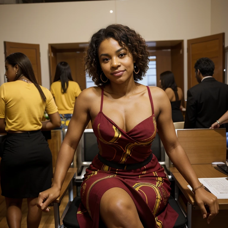A Brazilian mulatto is a person with rich ethnic heritage, often exhibiting a combination of African and European ancestry, with a range of skin tones and a vibrant culture that celebrates Brazil's racial and ethnic diversity, dressed in a red and black evening dress. sitting behind a desk like a president and her hands are clasped.