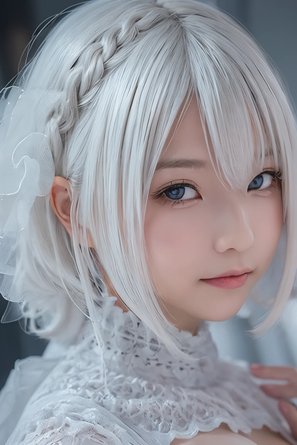 ((High quality)),masutepiece,(Detailed depiction of local details:1.2),1 Japanese girl,(Plump breasts:1.3),Enchanted Valley,Closed mouth,Eyelashes,Looking at Viewer,Portrait,Solo,Upper body,White hair,White theme,Short hair,Silver hair,Yorha No. 2 Type B,