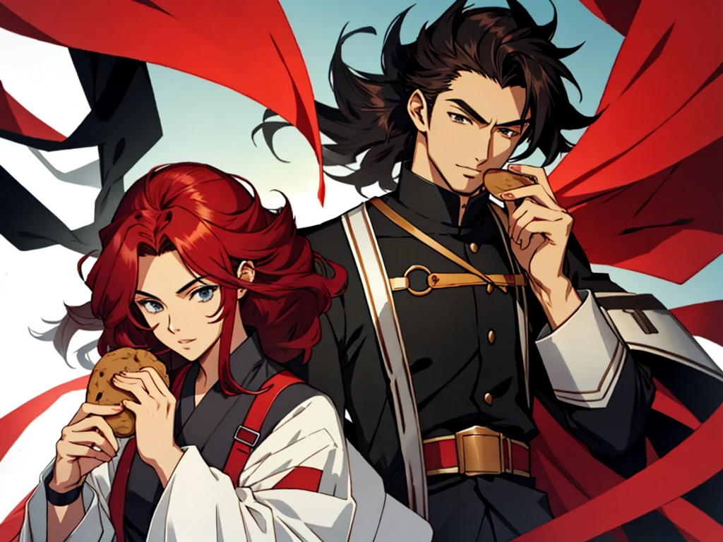 couple men and women An anime character with long red hair and black clothes is holding a cookie, Handsome Men in Anime, A woman with short black hair is holding a pouch,